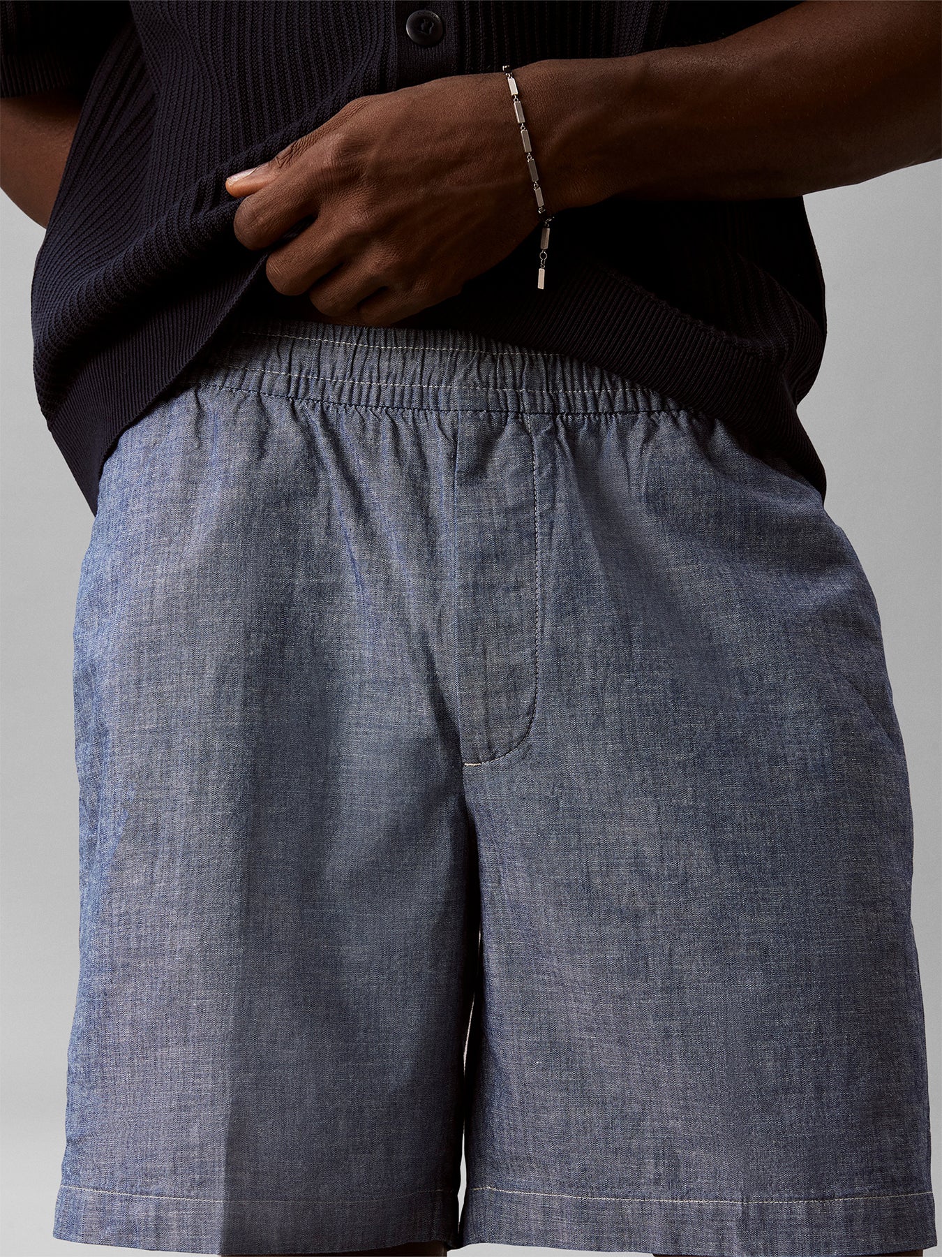 Cotton Chambray Drawstring Shorts Blue