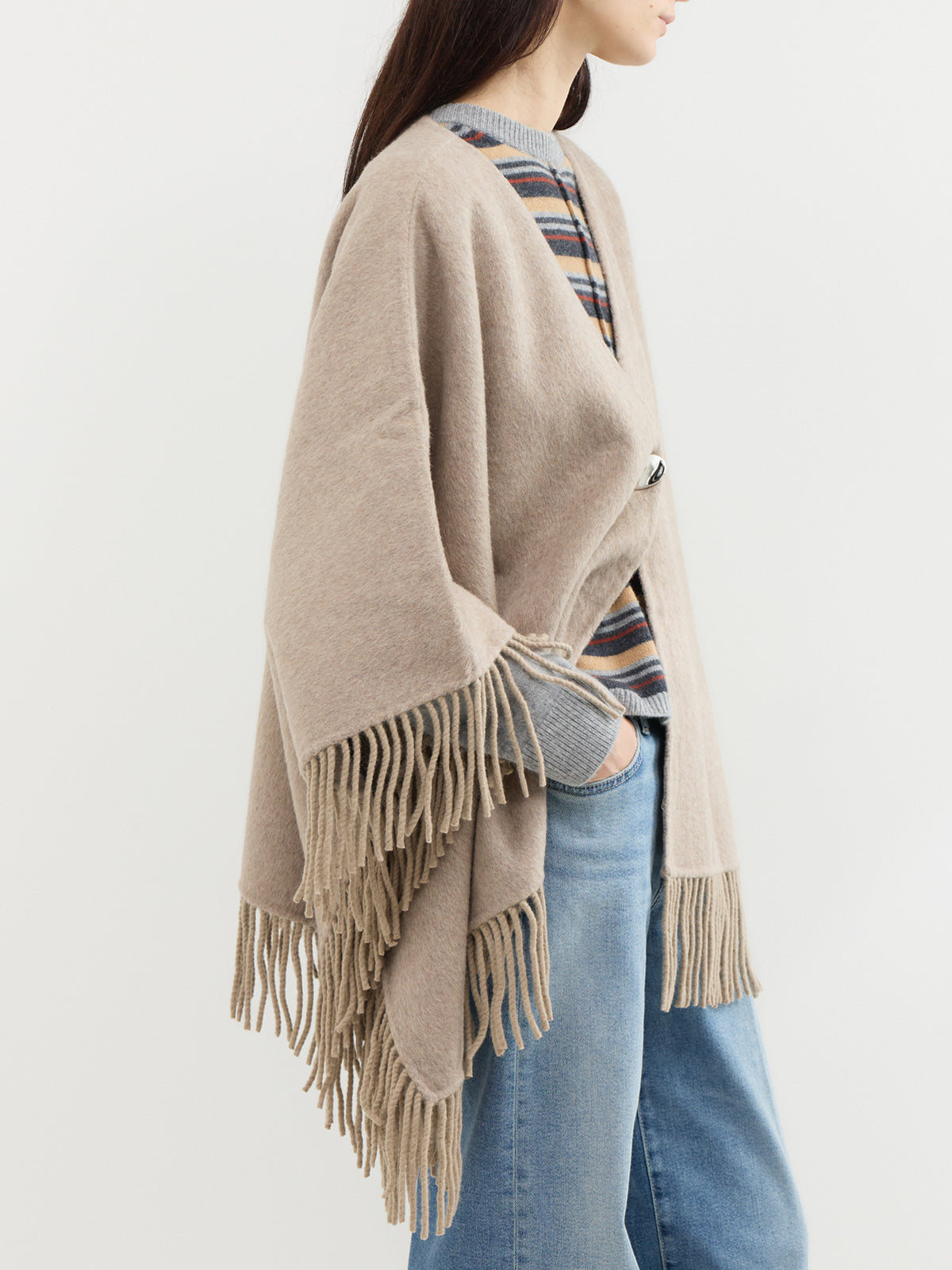 Sybil Fringed Double-Faced Cape - Beige Melange