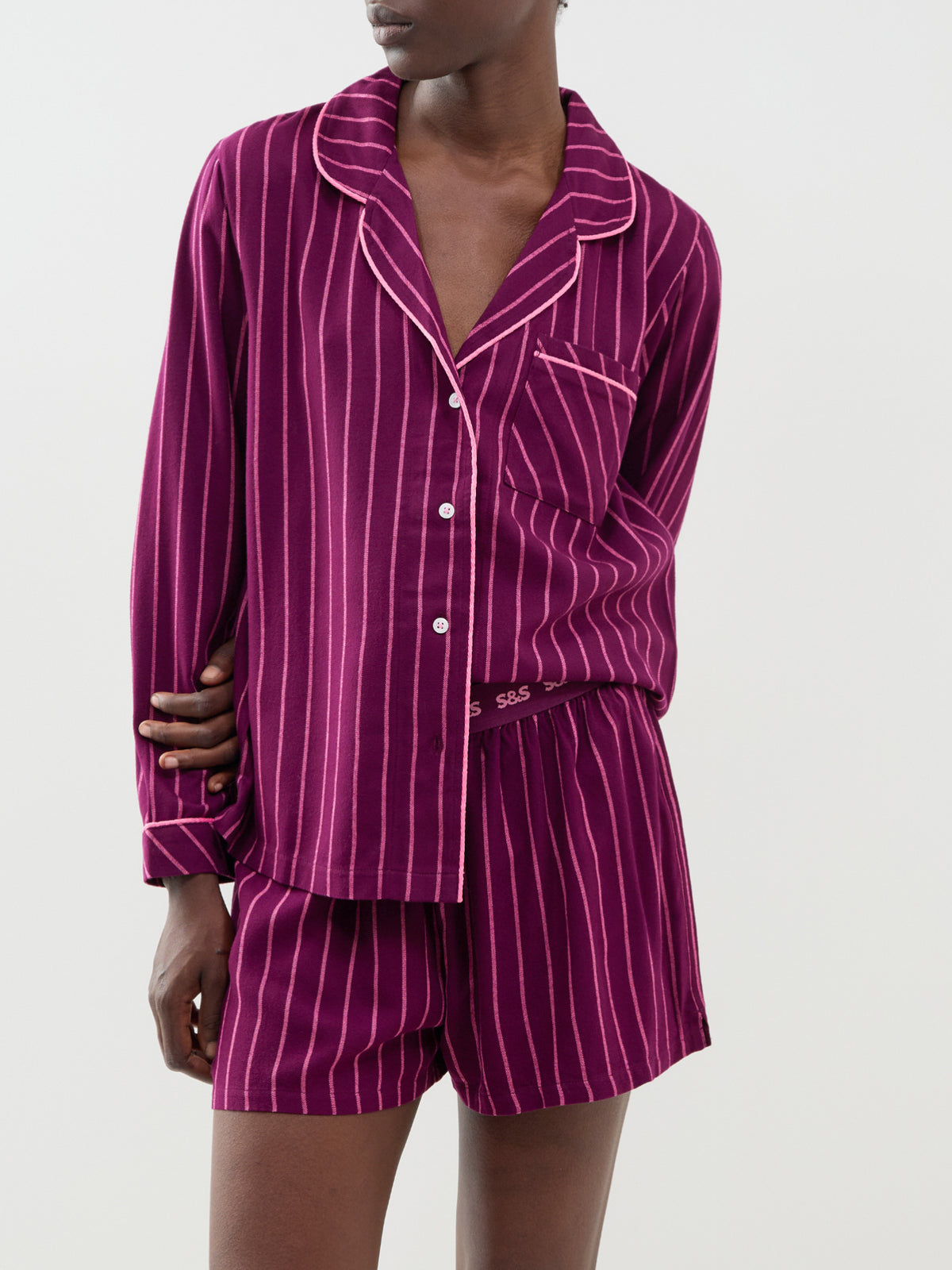 Ecovero Viscose Pyjama Top – Black Cherry & Pink Stripe
