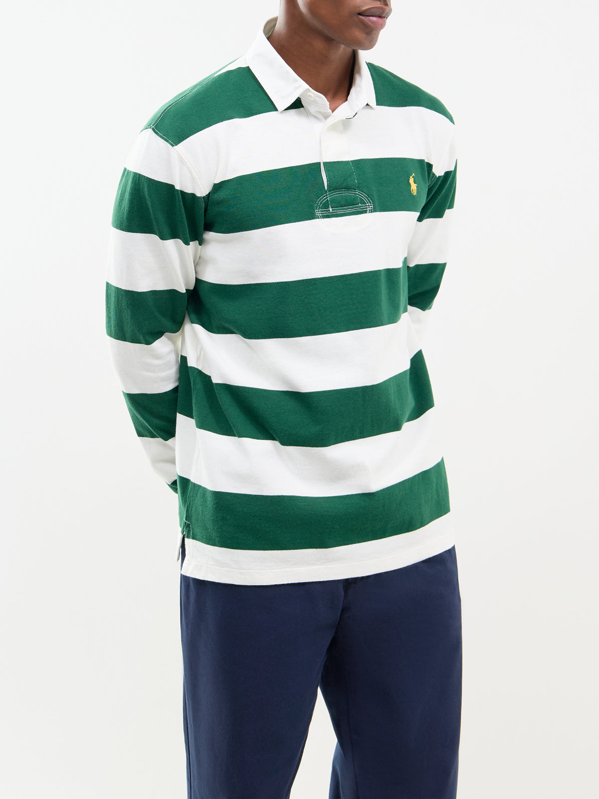 Cotton Striped Rugby Shirt - Cream & Forest Green