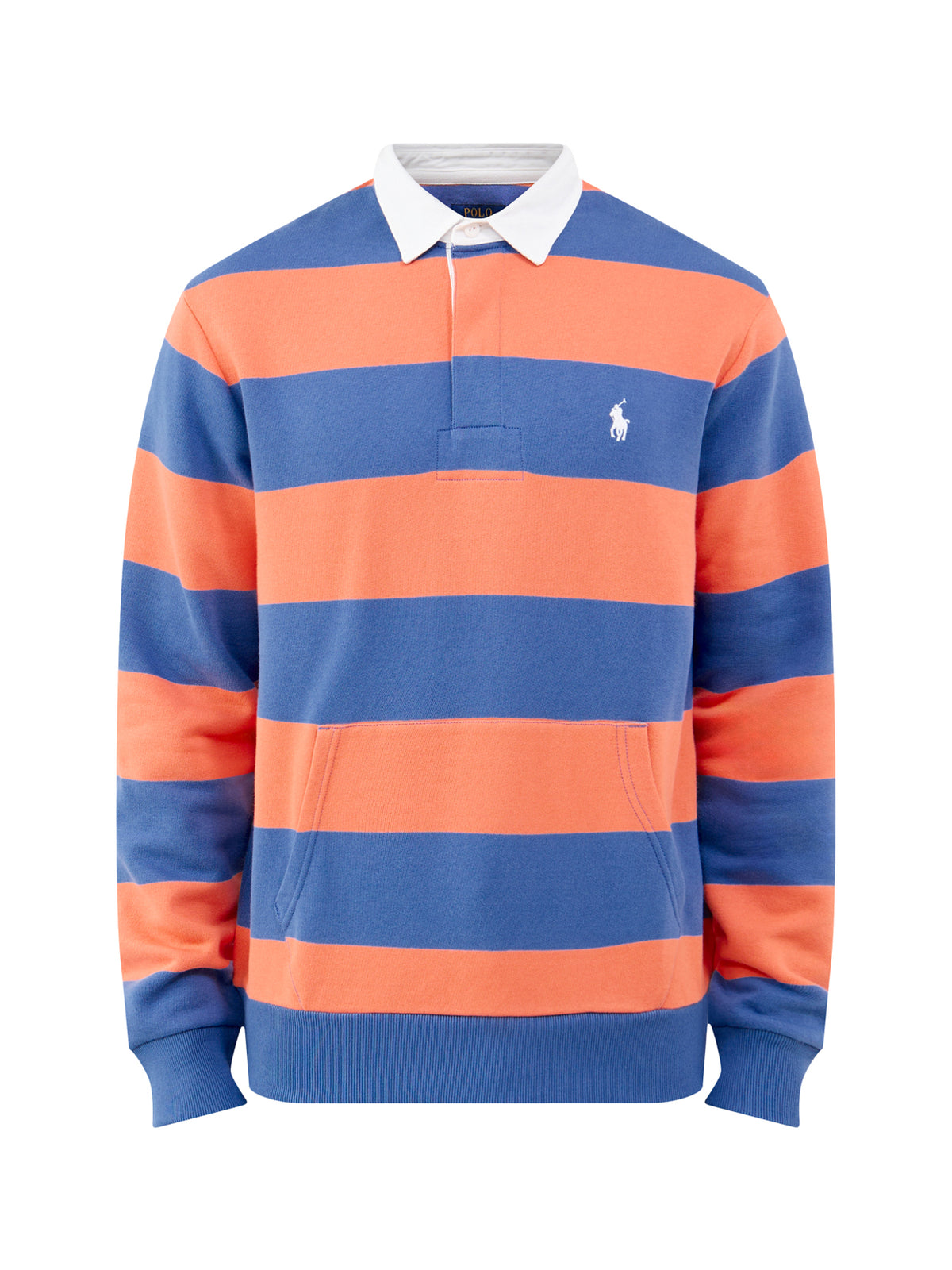 Cotton Blend Striped Rugby Shirt With Kangaroo Pocket - Orange & Blue