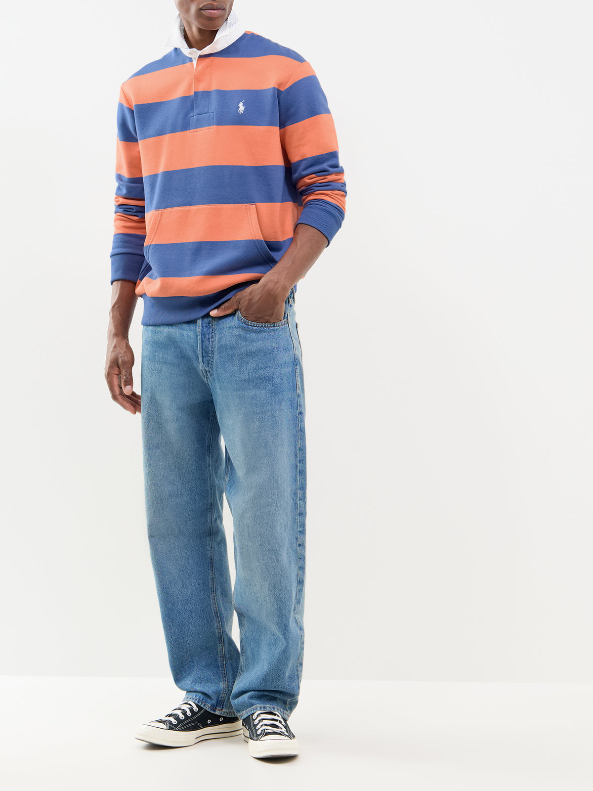 Cotton Blend Striped Rugby Shirt With Kangaroo Pocket - Orange & Blue