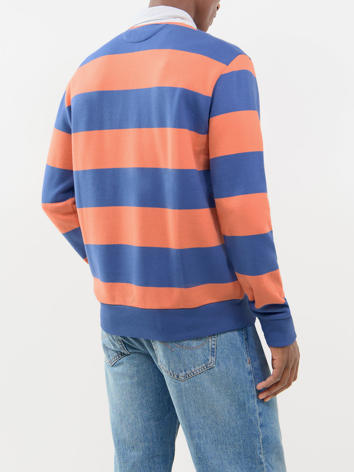 Cotton Blend Striped Rugby Shirt With Kangaroo Pocket - Orange & Blue
