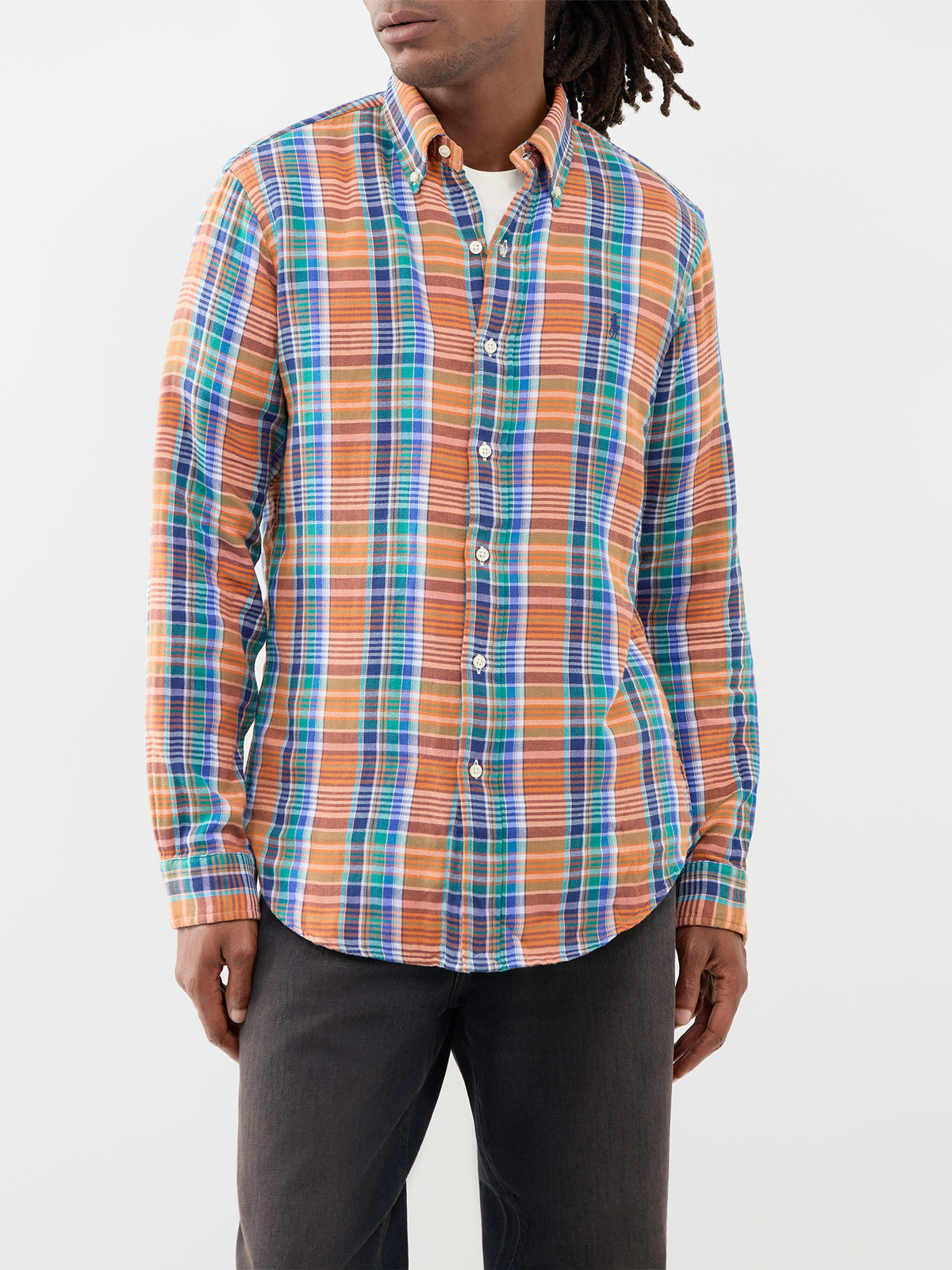 Custom Fit Cotton Double-Faced Check Shirt - Green & Navy