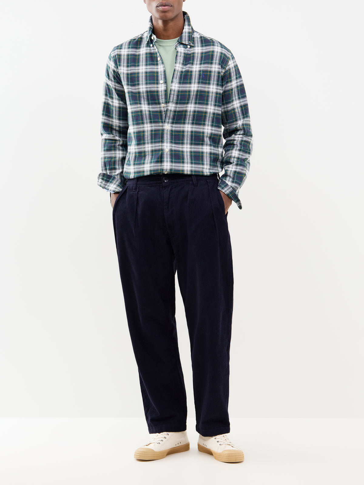 Custom Fit Cotton Oxford Check Shirt - Cream & Navy