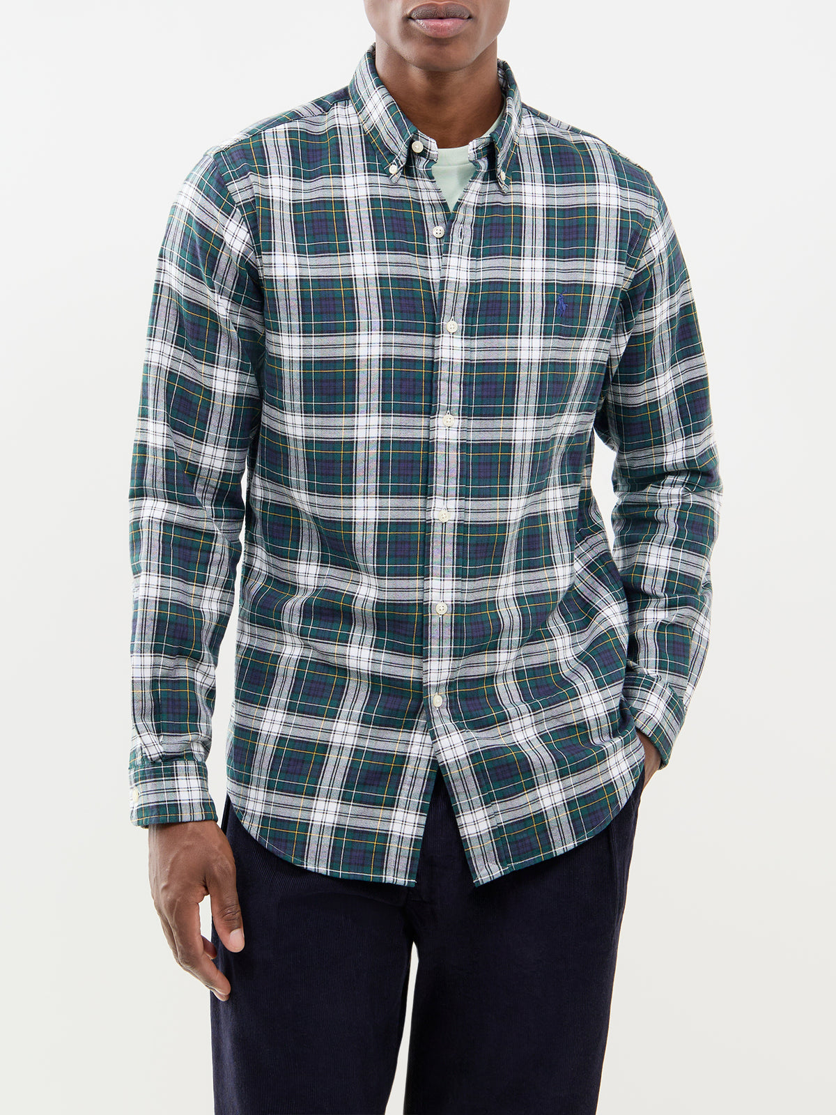Custom Fit Cotton Oxford Check Shirt - Cream & Navy