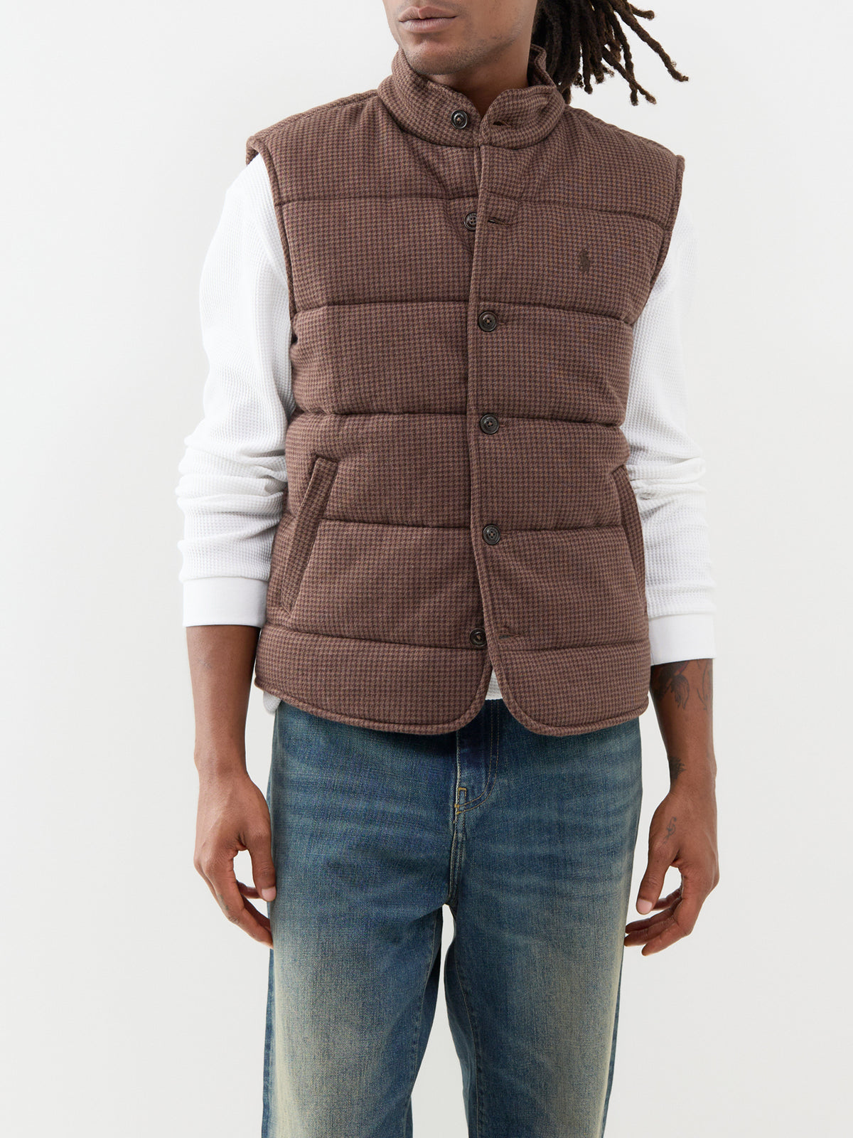 Cotton Small Dogtooth Check Gilet - Brown Heather
