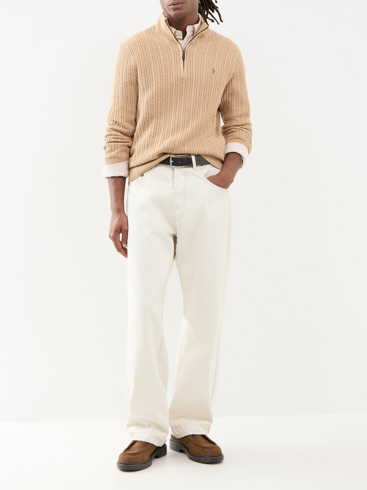 Small Cable Cotton Quarter-Zip Jumper - Camel Melange