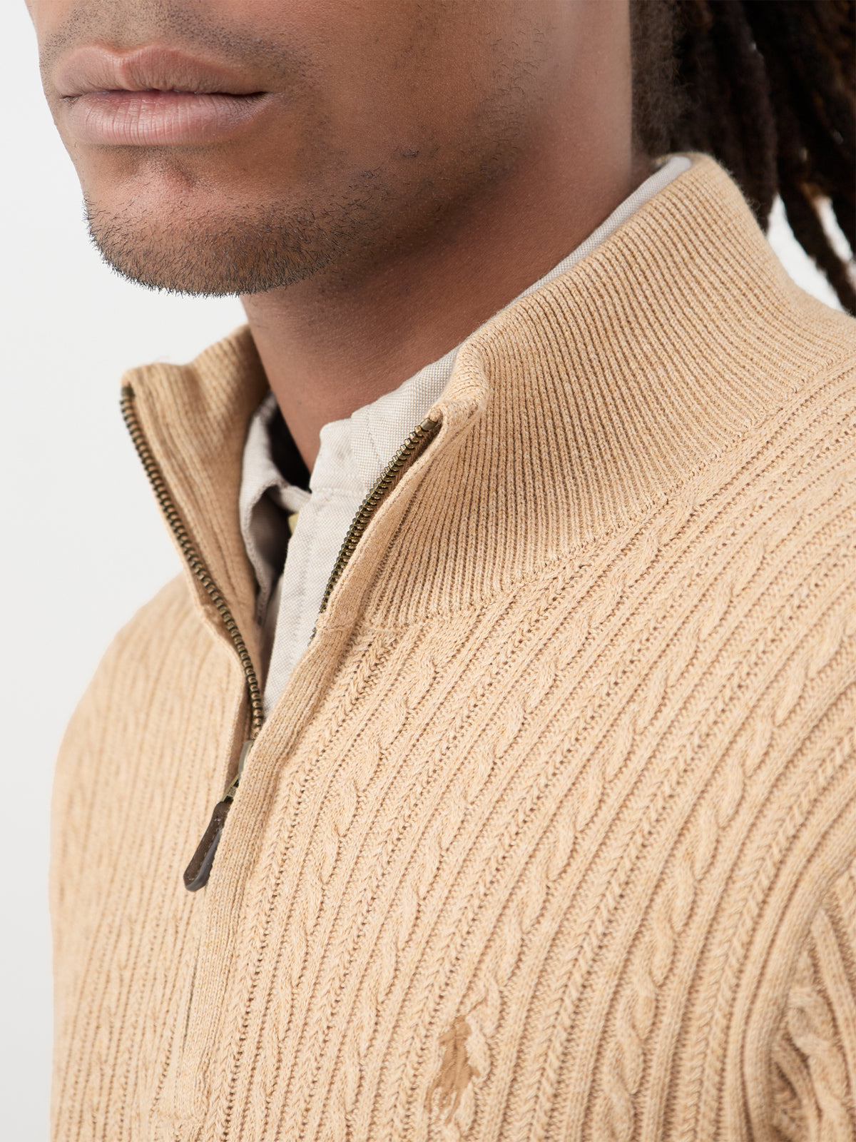 Small Cable Cotton Quarter-Zip Jumper - Camel Melange