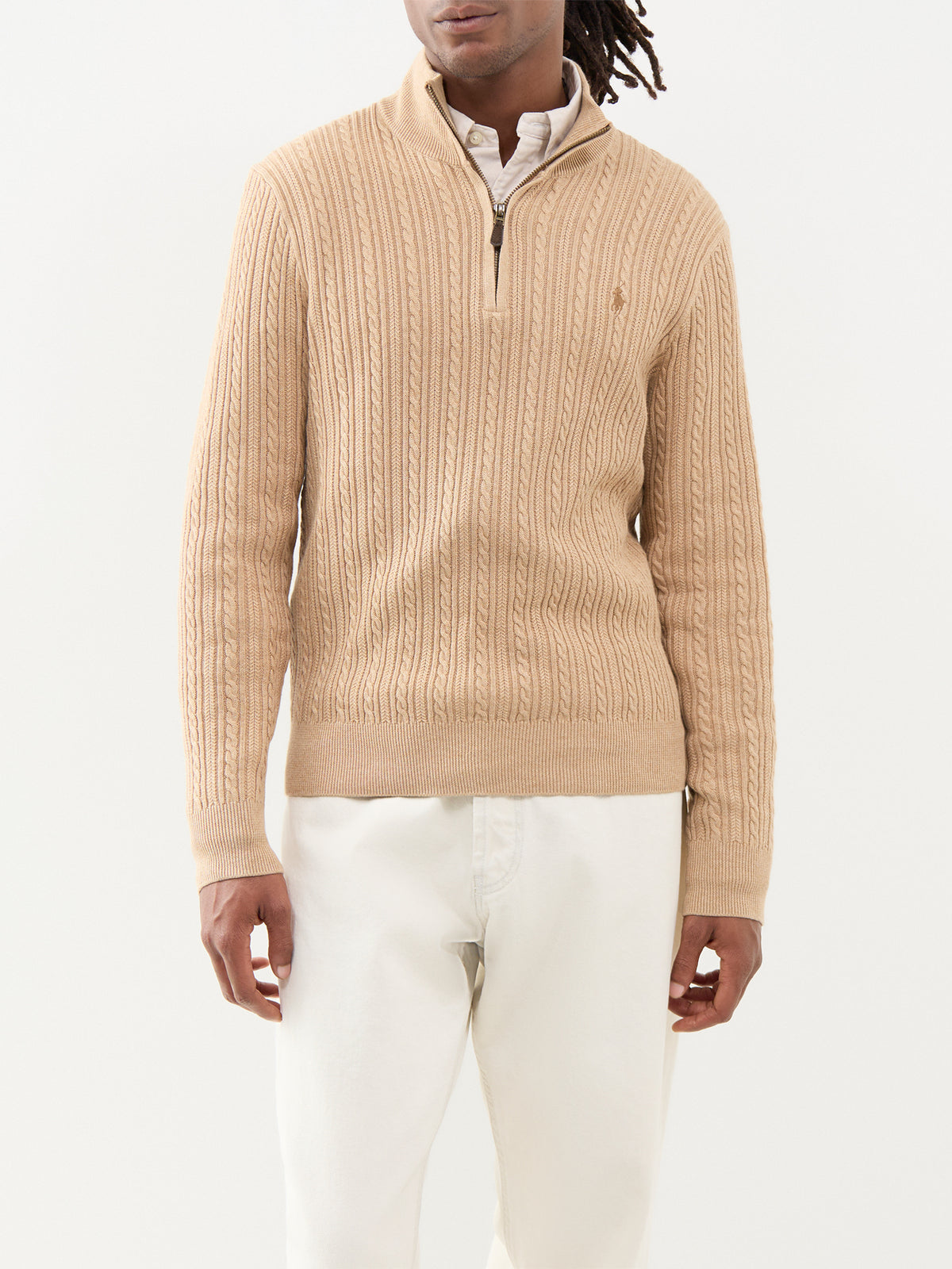 Small Cable Cotton Quarter-Zip Jumper - Camel Melange