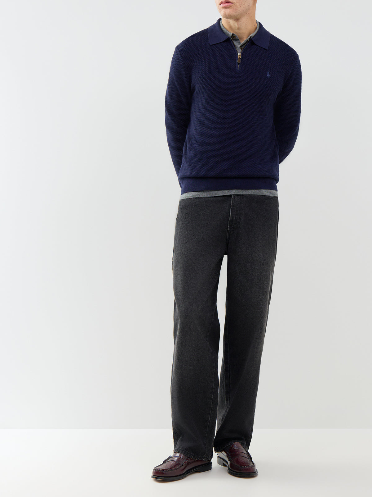 Textured 100% Wool Zip-Neck Polo Jumper