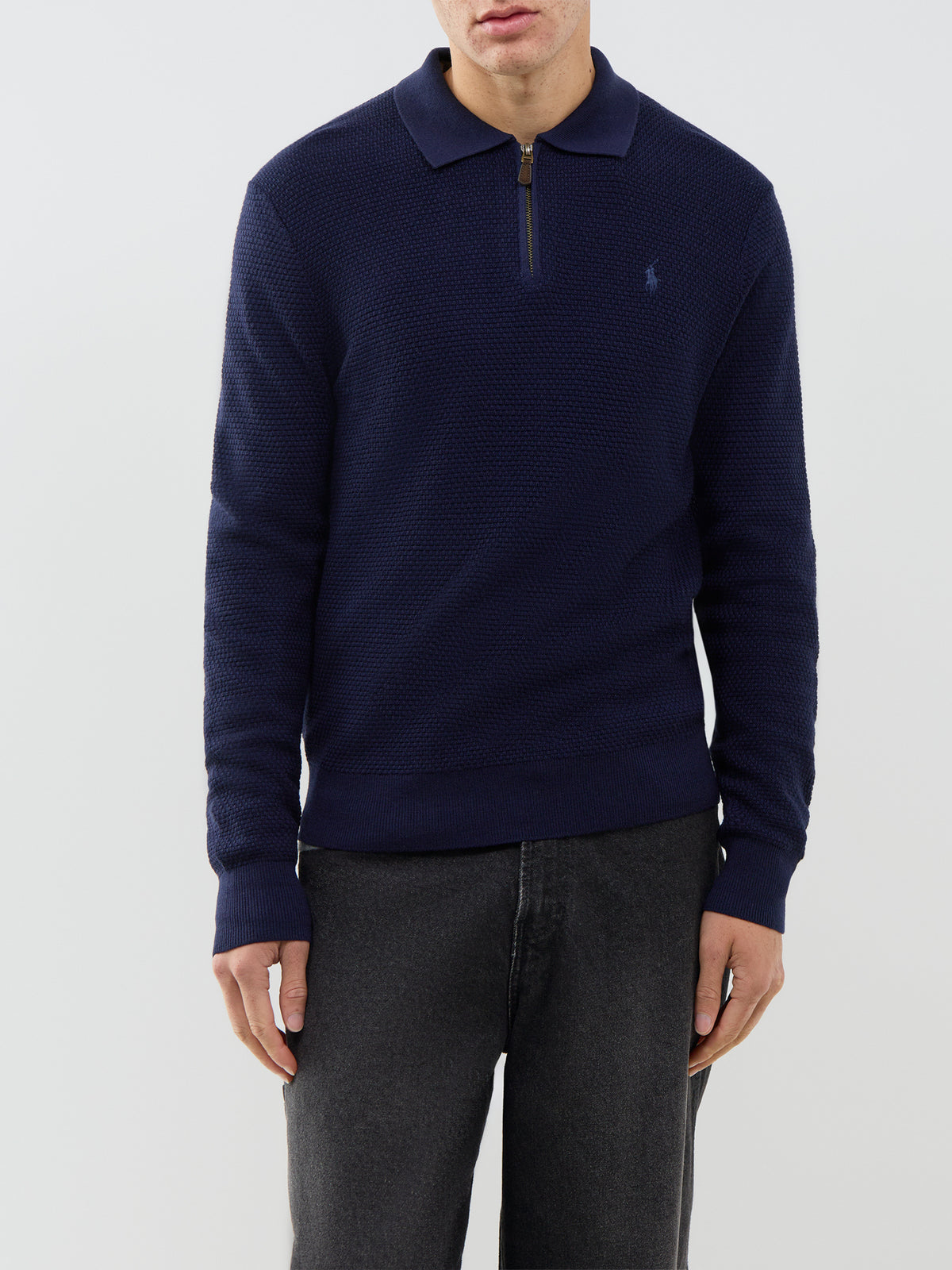 Textured 100% Wool Zip-Neck Polo Jumper
