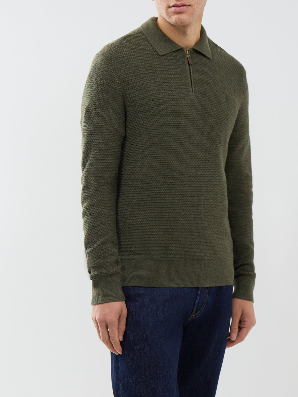 Textured 100% Wool Zip-Neck Polo Jumper