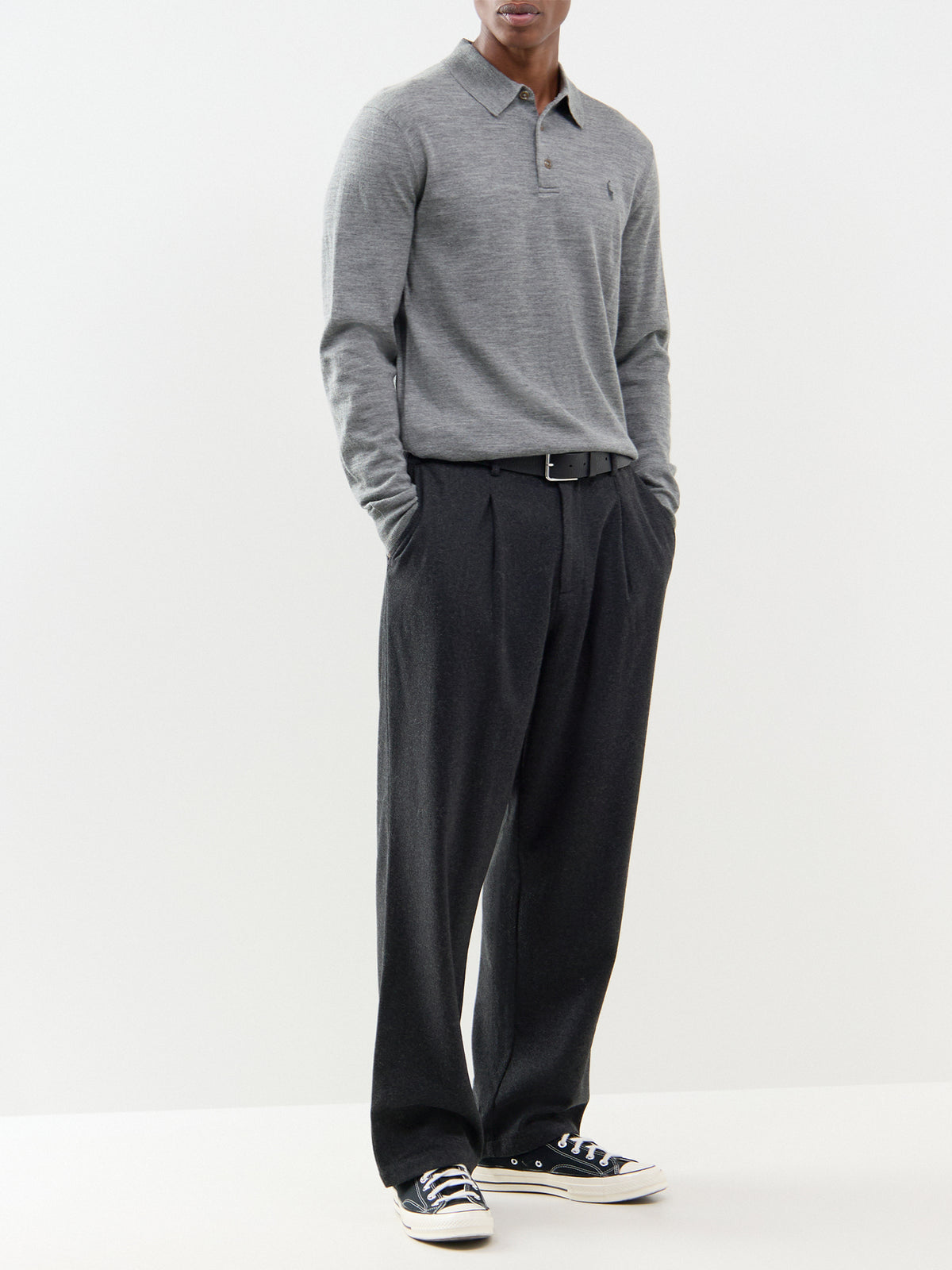 Wool Long-Sleeved Knitted Polo Shirt - Fawn Grey Heather
