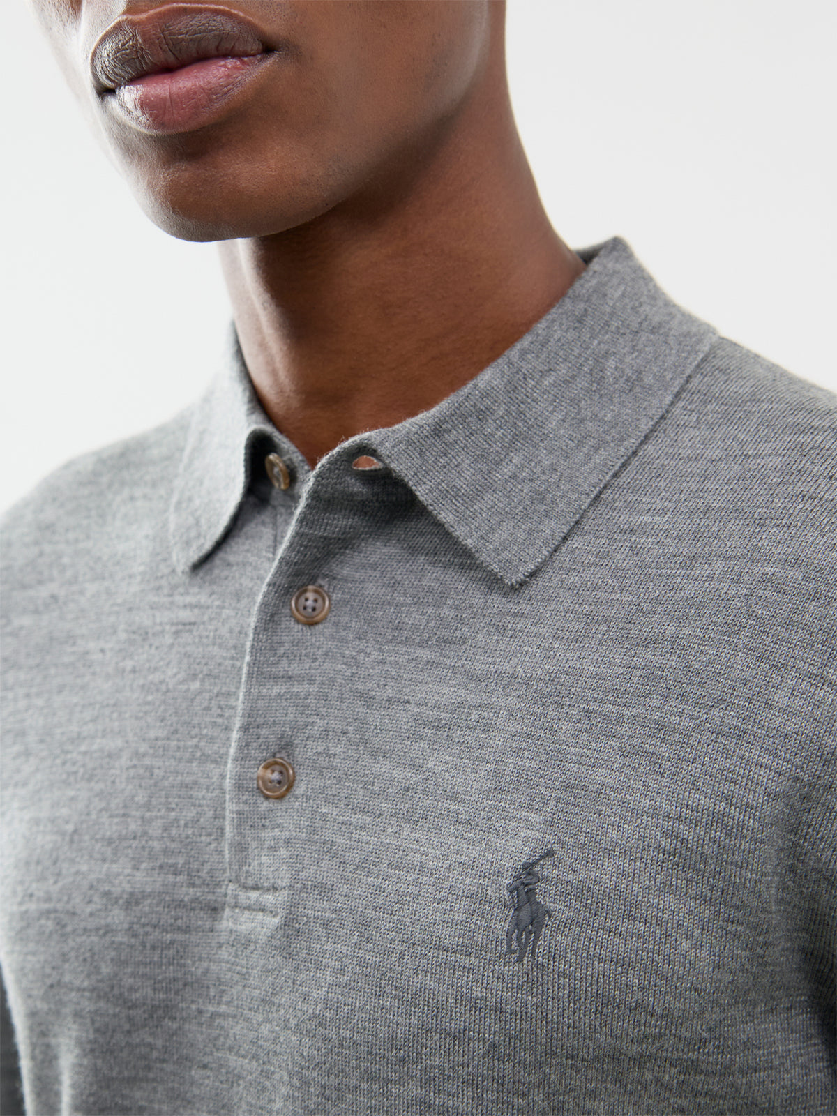 Wool Long-Sleeved Knitted Polo Shirt - Fawn Grey Heather