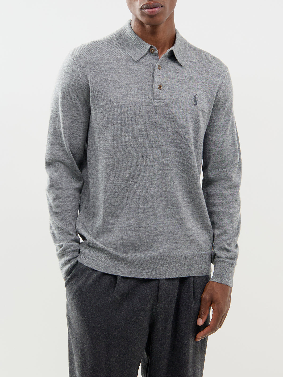 Wool Long-Sleeved Knitted Polo Shirt - Fawn Grey Heather