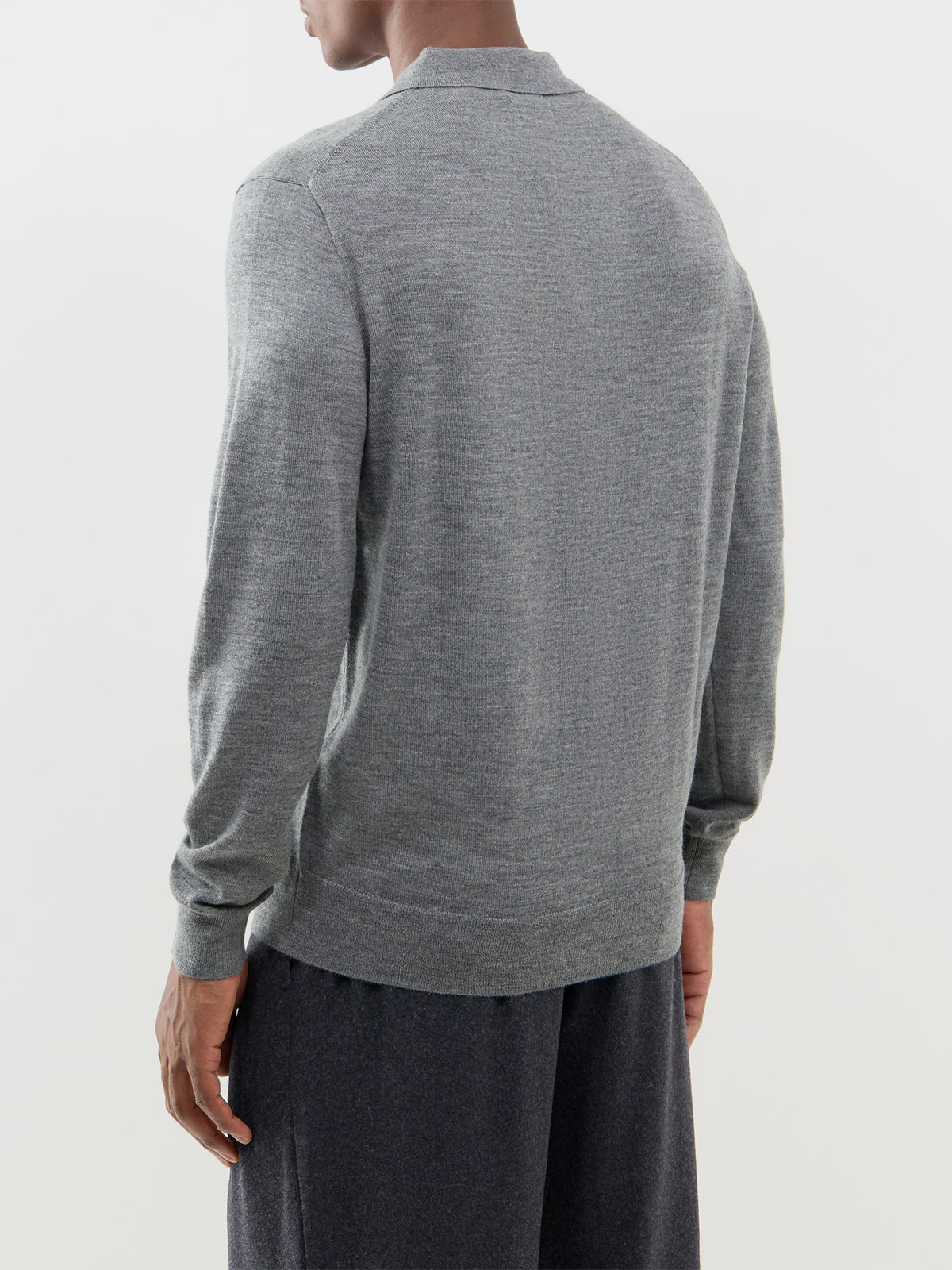 Wool Long-Sleeved Knitted Polo Shirt - Fawn Grey Heather