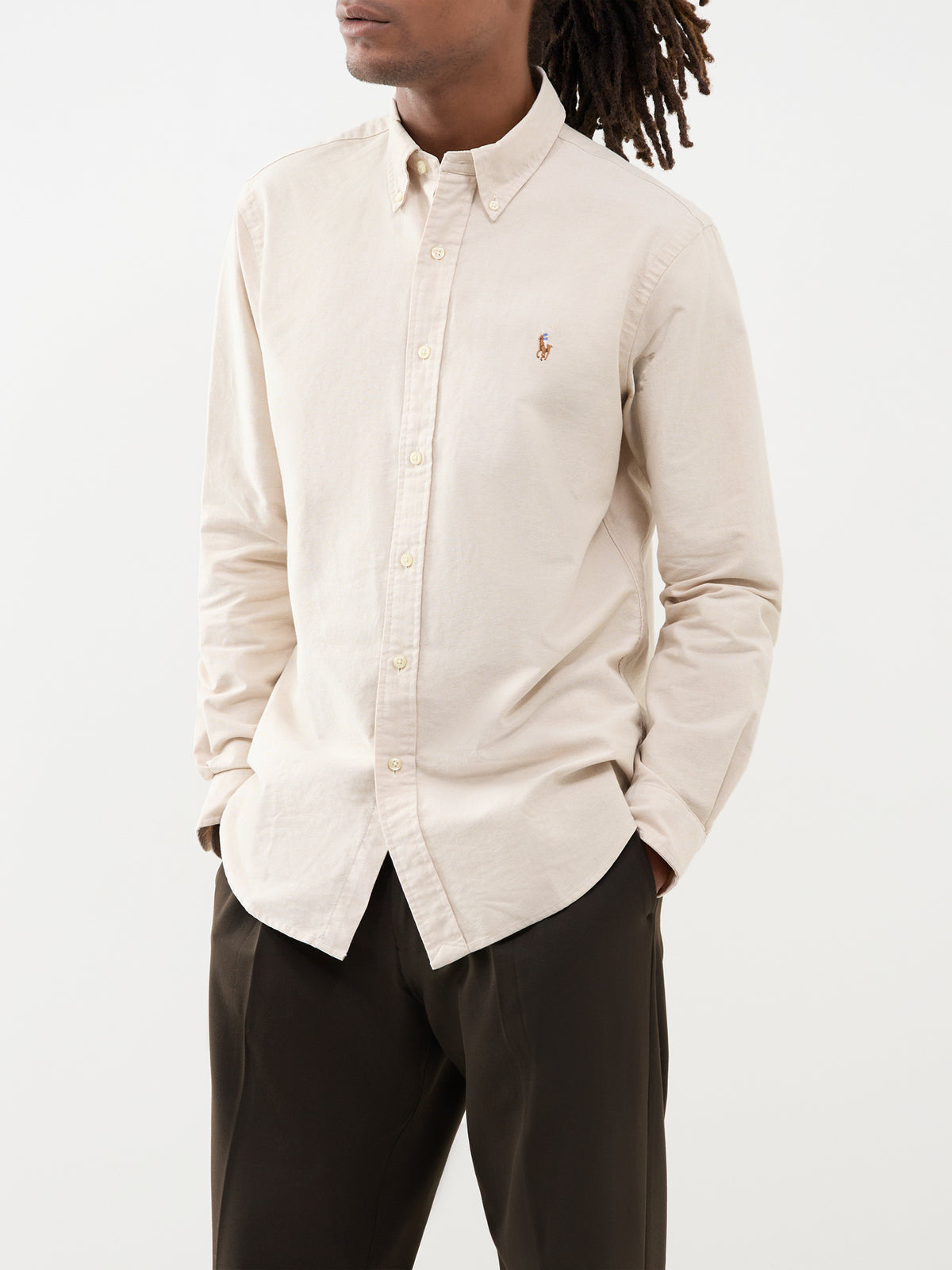 Custom Fit Cotton Oxford Shirt - Camel & White