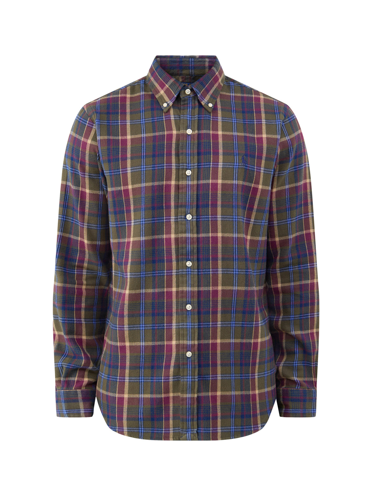 Custom Fit Brushed Cotton Stripe Check Shirt - Olive & Berry