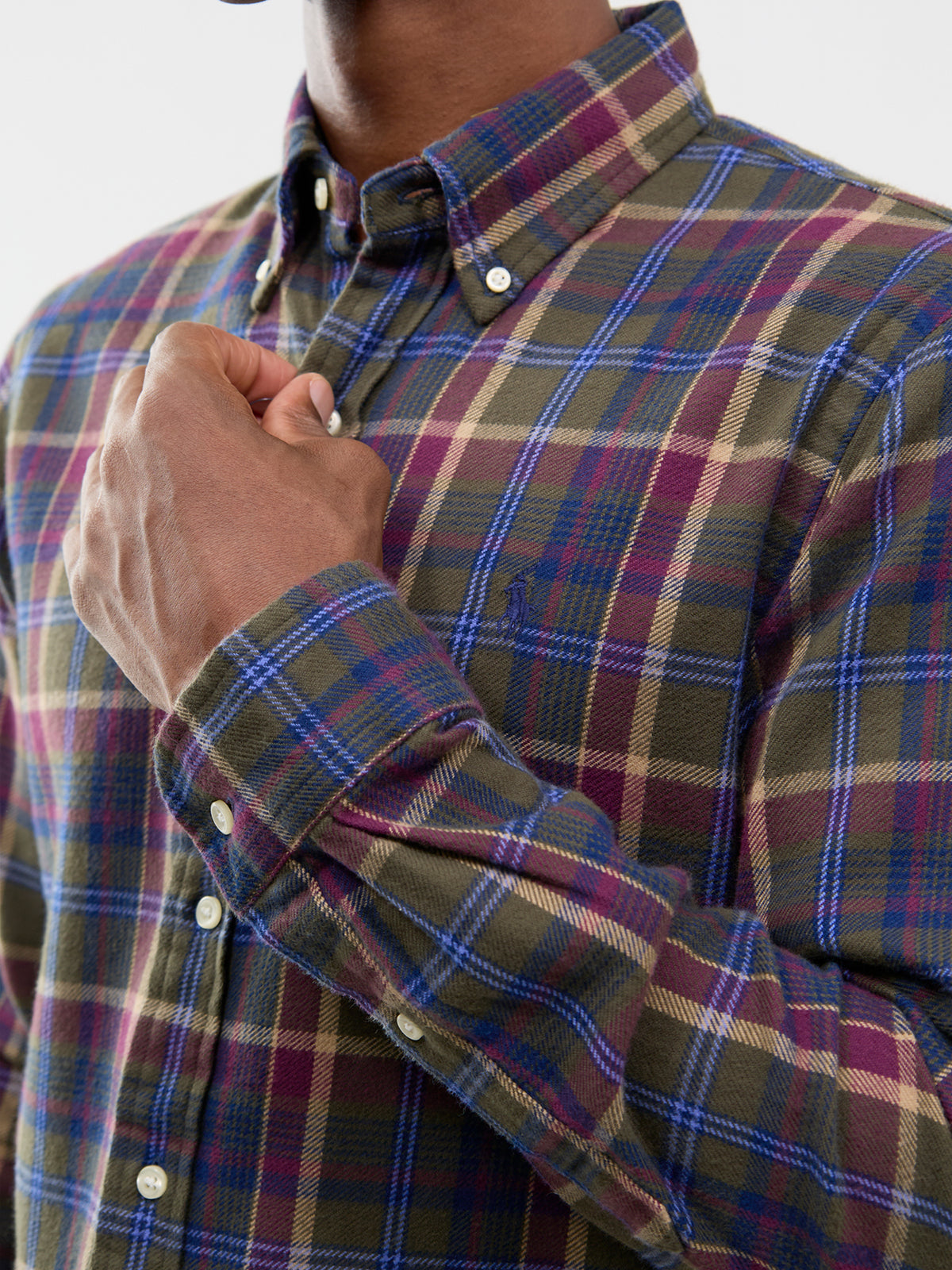 Custom Fit Brushed Cotton Stripe Check Shirt - Olive & Berry