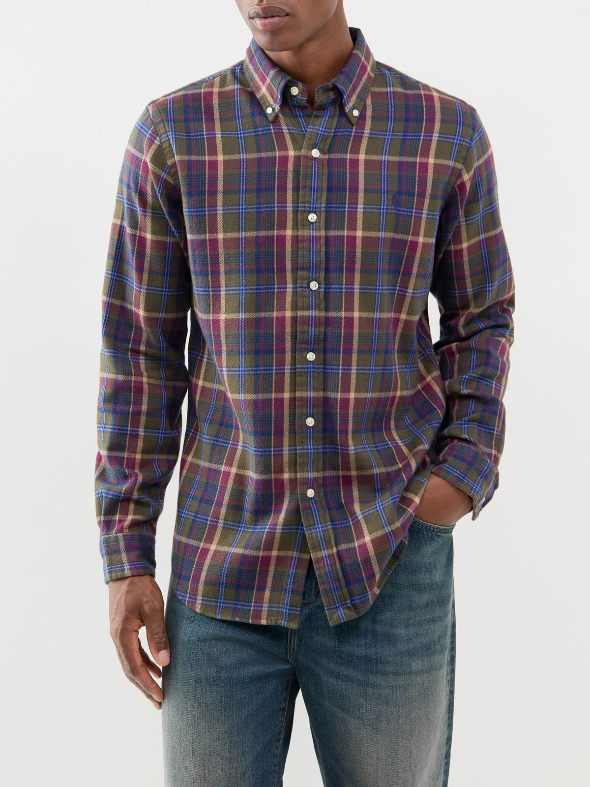 Custom Fit Brushed Cotton Stripe Check Shirt - Olive & Berry