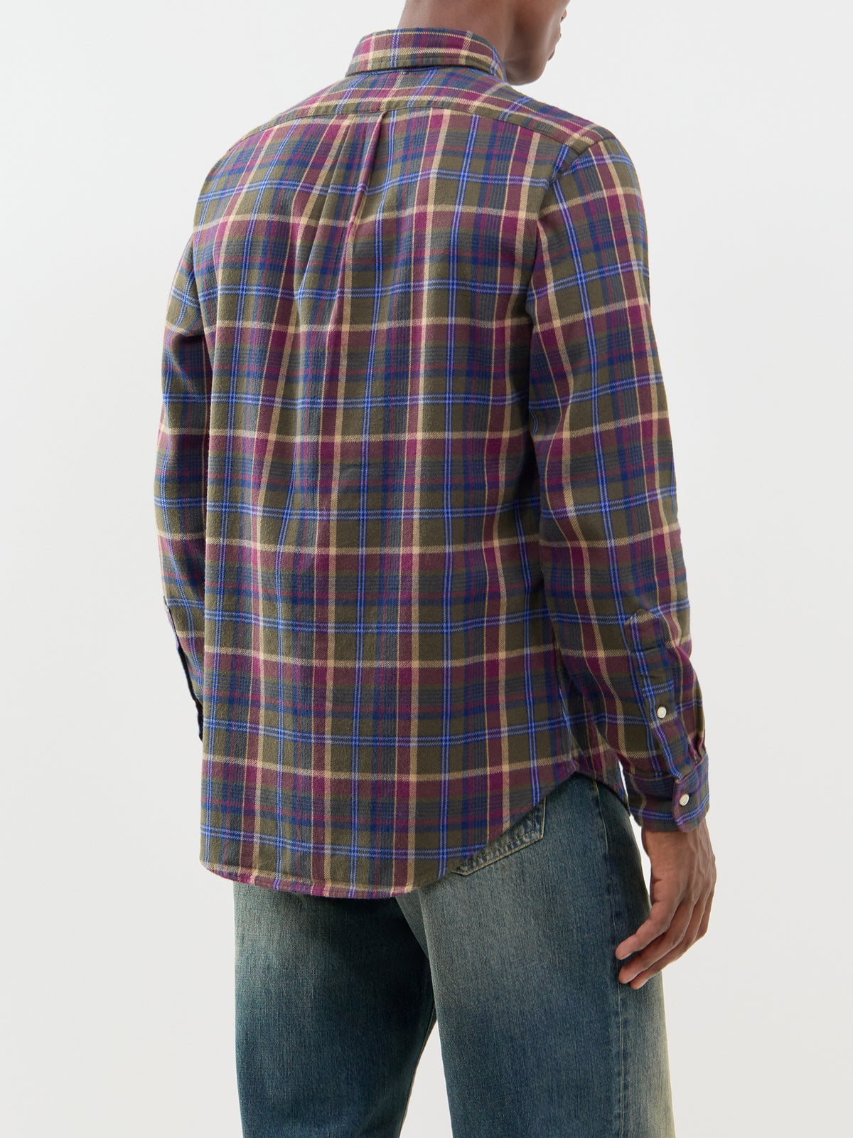 Custom Fit Brushed Cotton Stripe Check Shirt - Olive & Berry