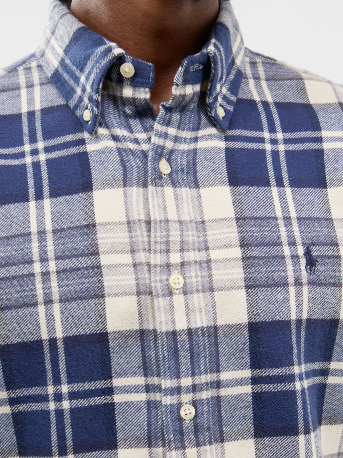 Custom Fit Brushed Cotton Check Shirt - Off White & Navy