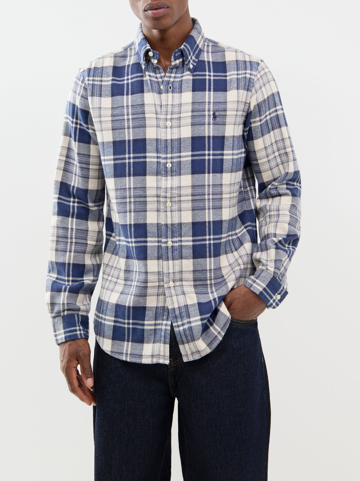Custom Fit Brushed Cotton Check Shirt - Off White & Navy