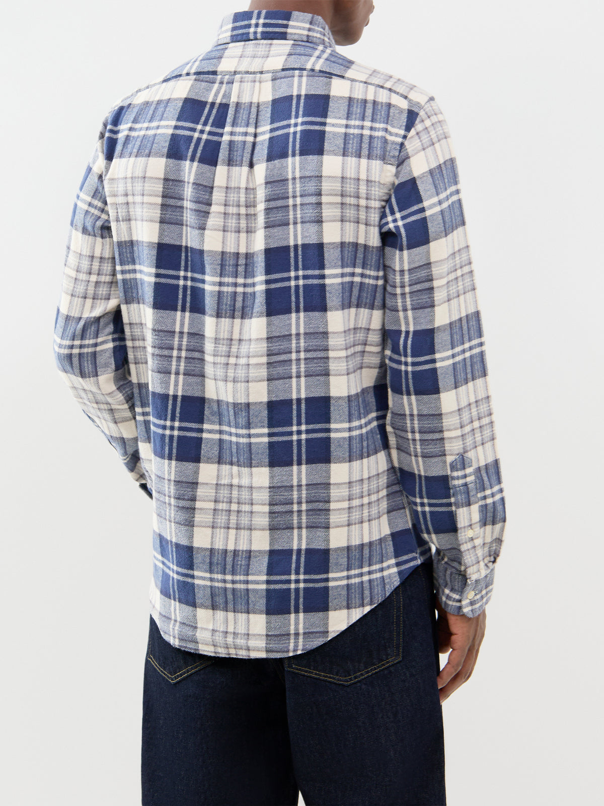 Custom Fit Brushed Cotton Check Shirt - Off White & Navy