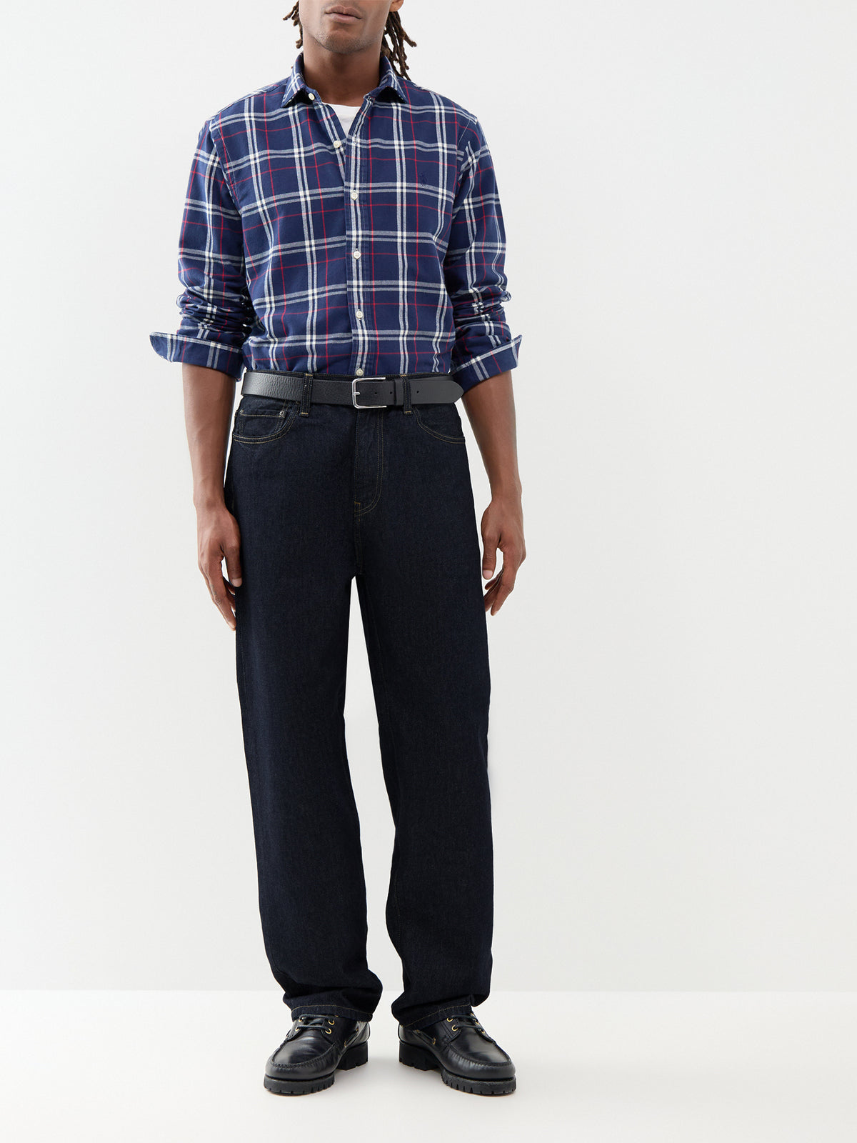Custom Fit Cotton Check Shirt - Navy, Red & White