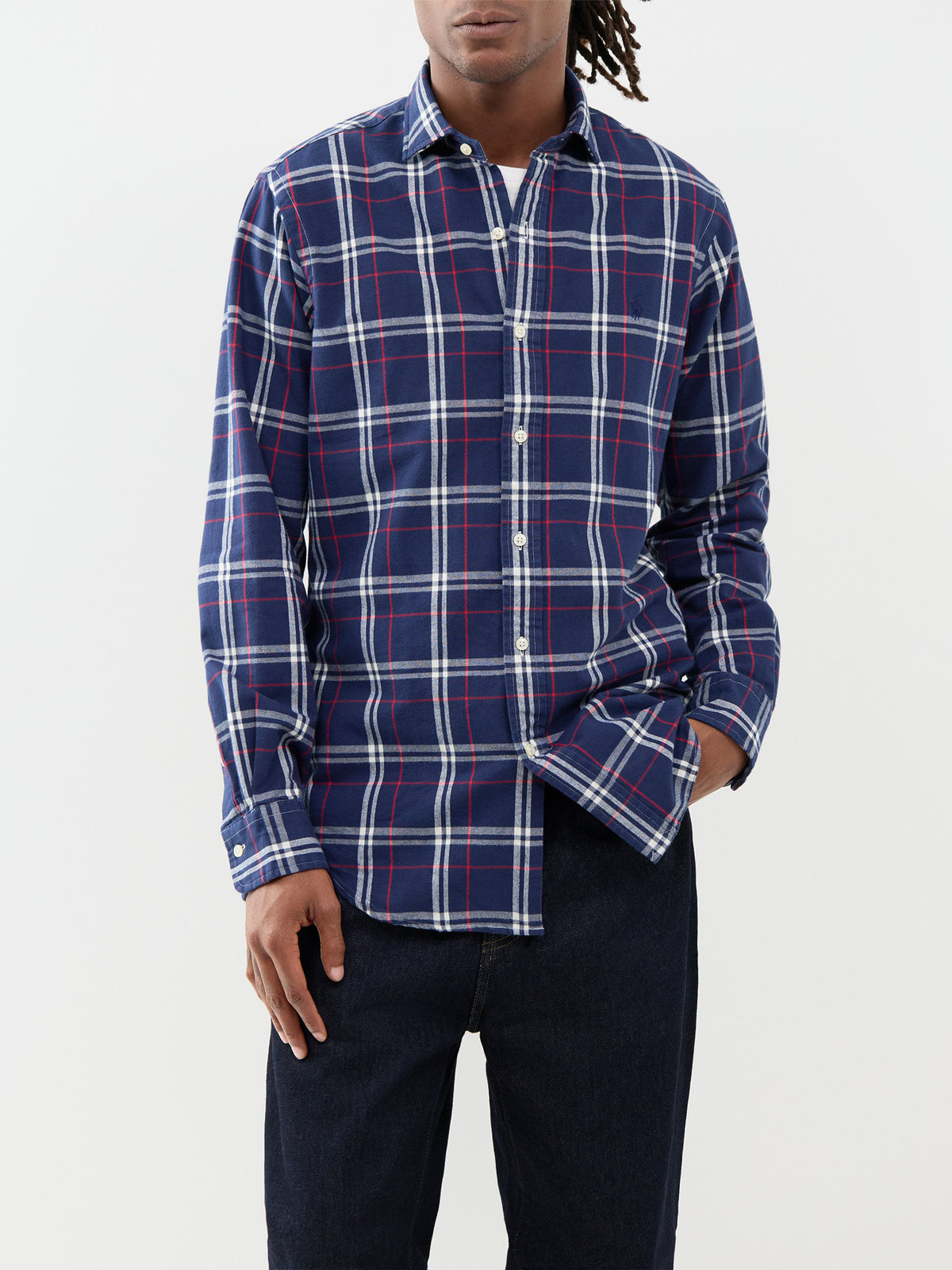 Custom Fit Cotton Check Shirt - Navy, Red & White