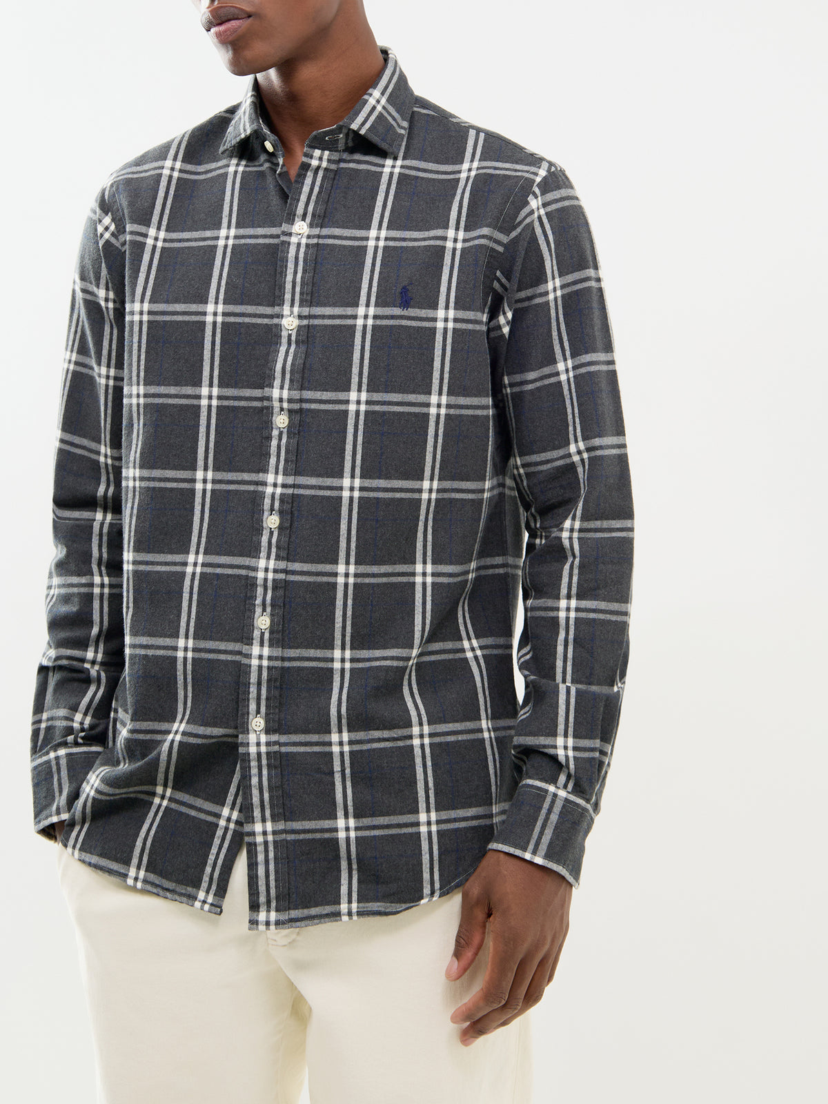 Custom Fit Cotton Check Shirt - Grey, Navy & White