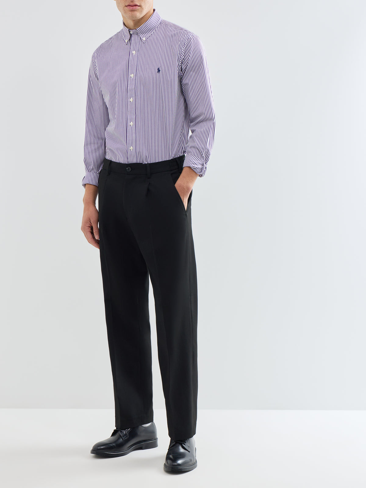 Cotton Custom Fit Striped Poplin Shirt - Purple & White