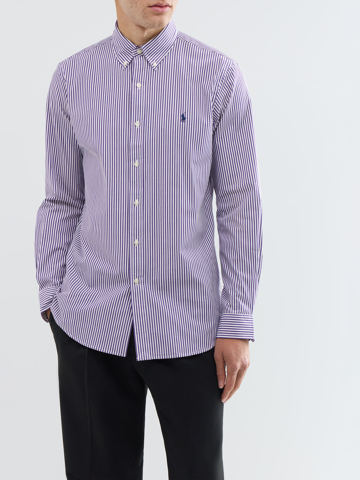 Cotton Custom Fit Striped Poplin Shirt - Purple & White
