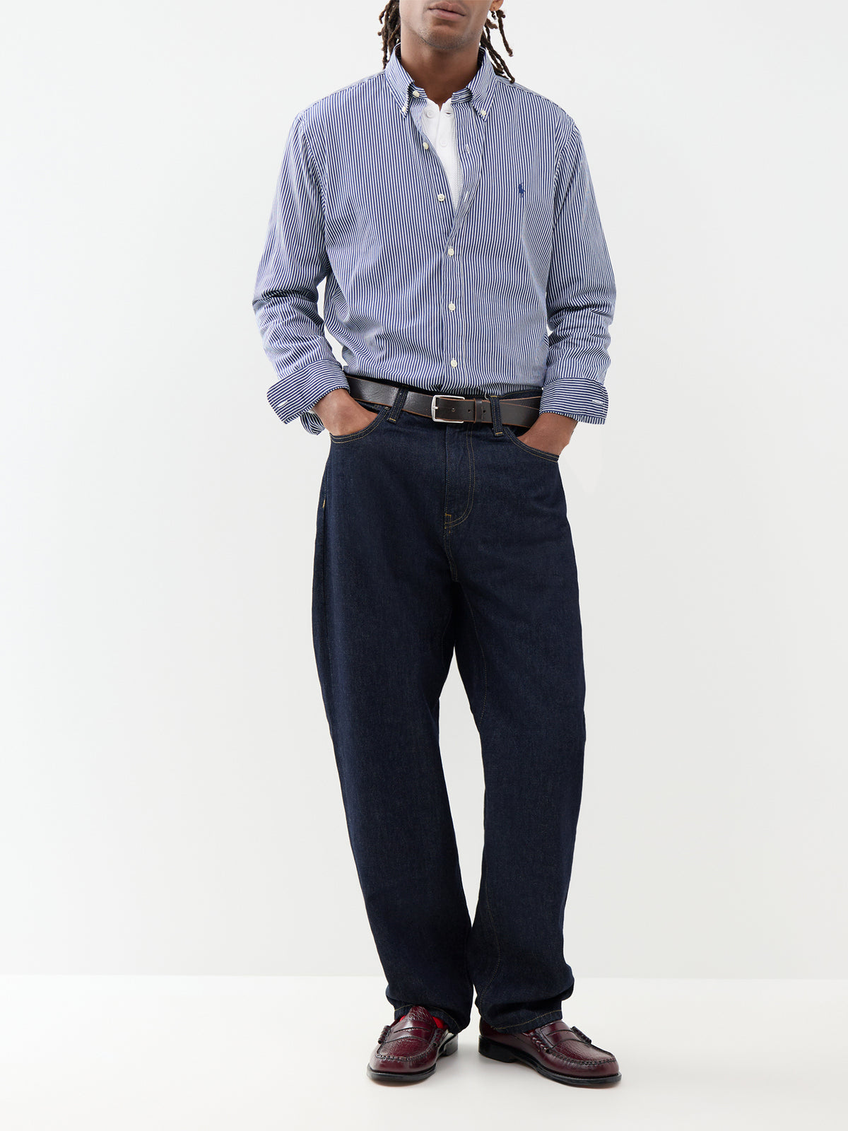 Custom Fit Cotton Check Poplin Shirt - Navy & White