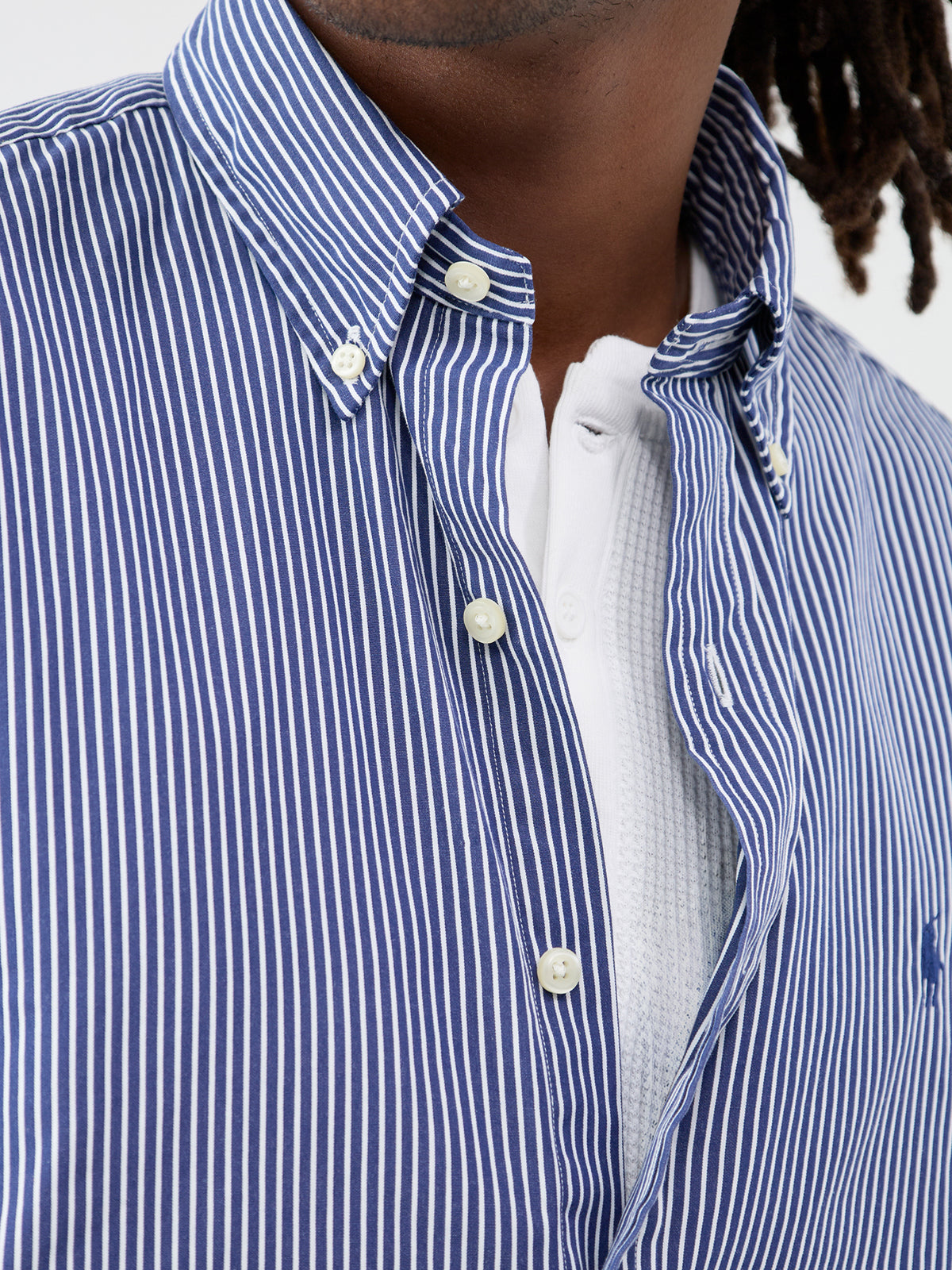 Custom Fit Cotton Check Poplin Shirt - Navy & White
