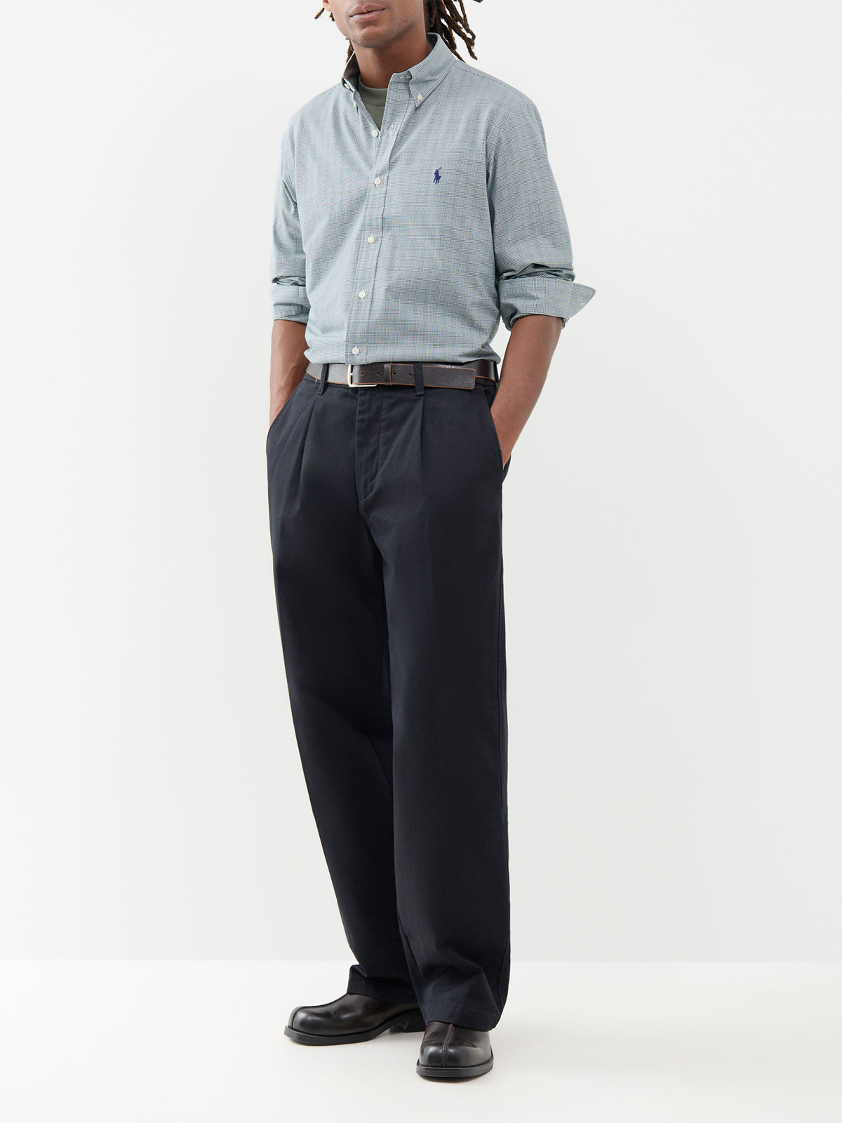 Custom Fit Cotton Check Poplin Shirt - Moss Agate & White