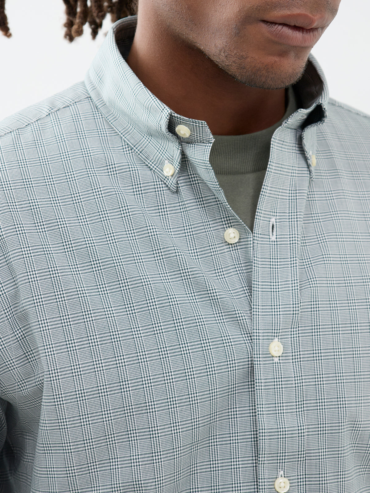 Custom Fit Cotton Check Poplin Shirt - Moss Agate & White