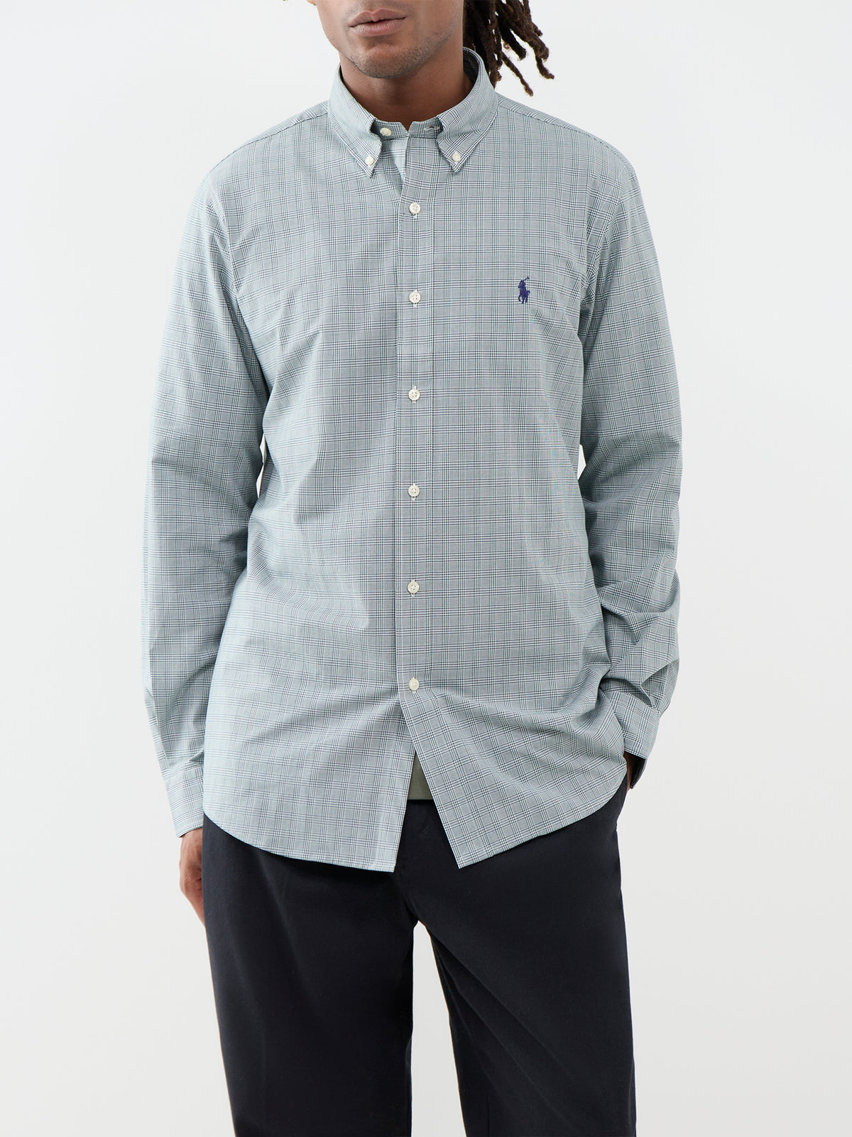 Custom Fit Cotton Check Poplin Shirt - Moss Agate & White