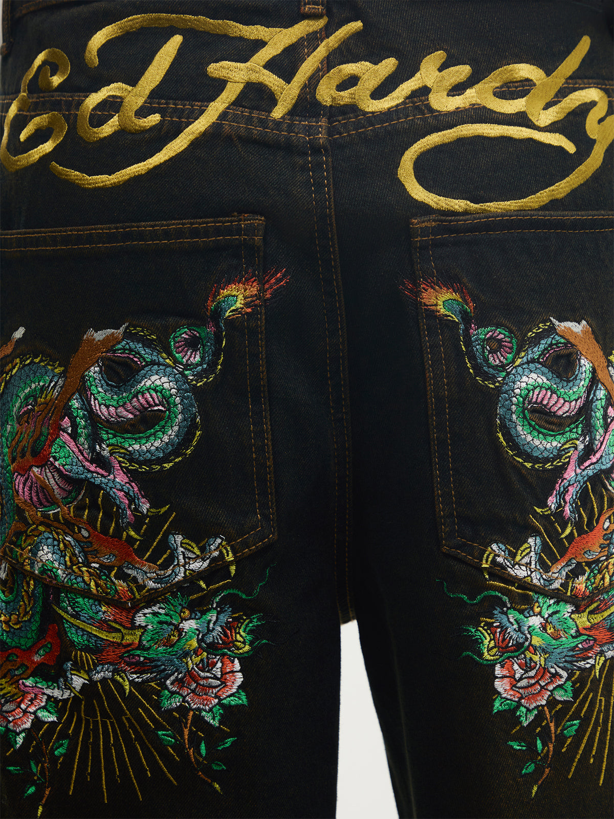 Men's Embroidered Dragon Relaxed Cotton Jeans