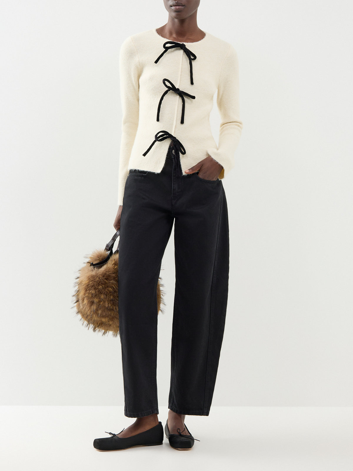 Sophia Bow Tie Front Knit Top – Cream & Black