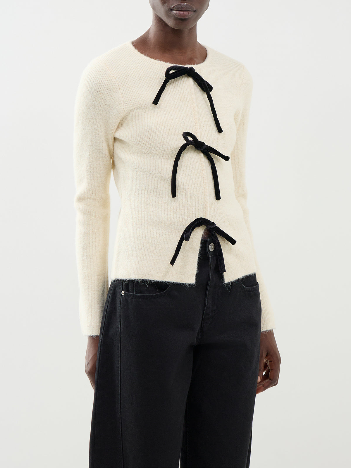Sophia Bow Tie Front Knit Top – Cream & Black