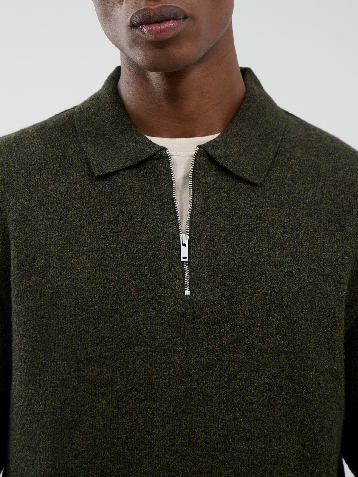 Wool Blend Bearsted Knitted Zip Polo Shirt