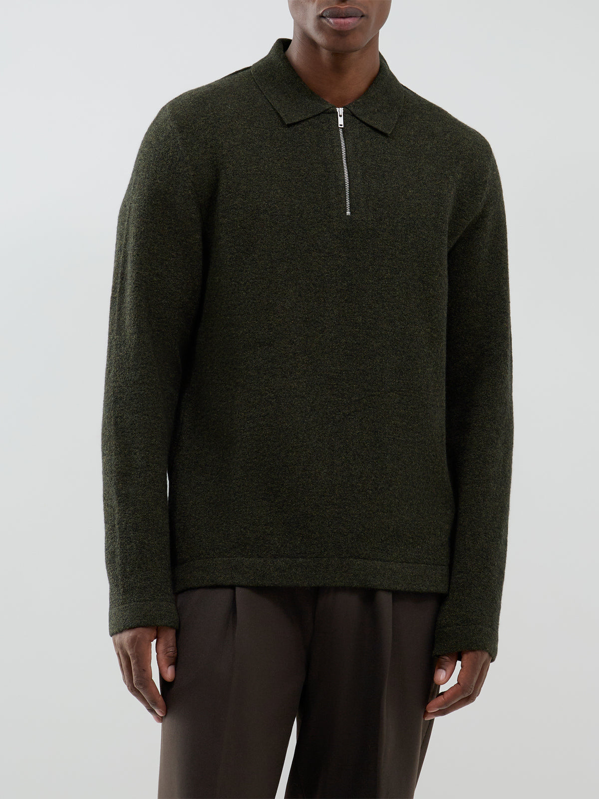 Wool Blend Bearsted Knitted Zip Polo Shirt