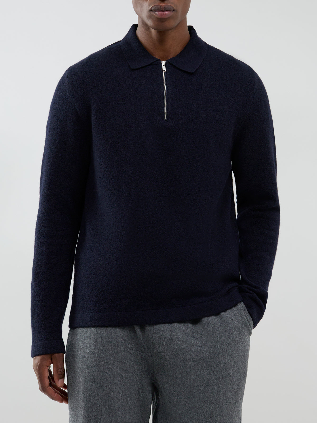 Wool Blend Bearsted Knitted Zip Polo Shirt