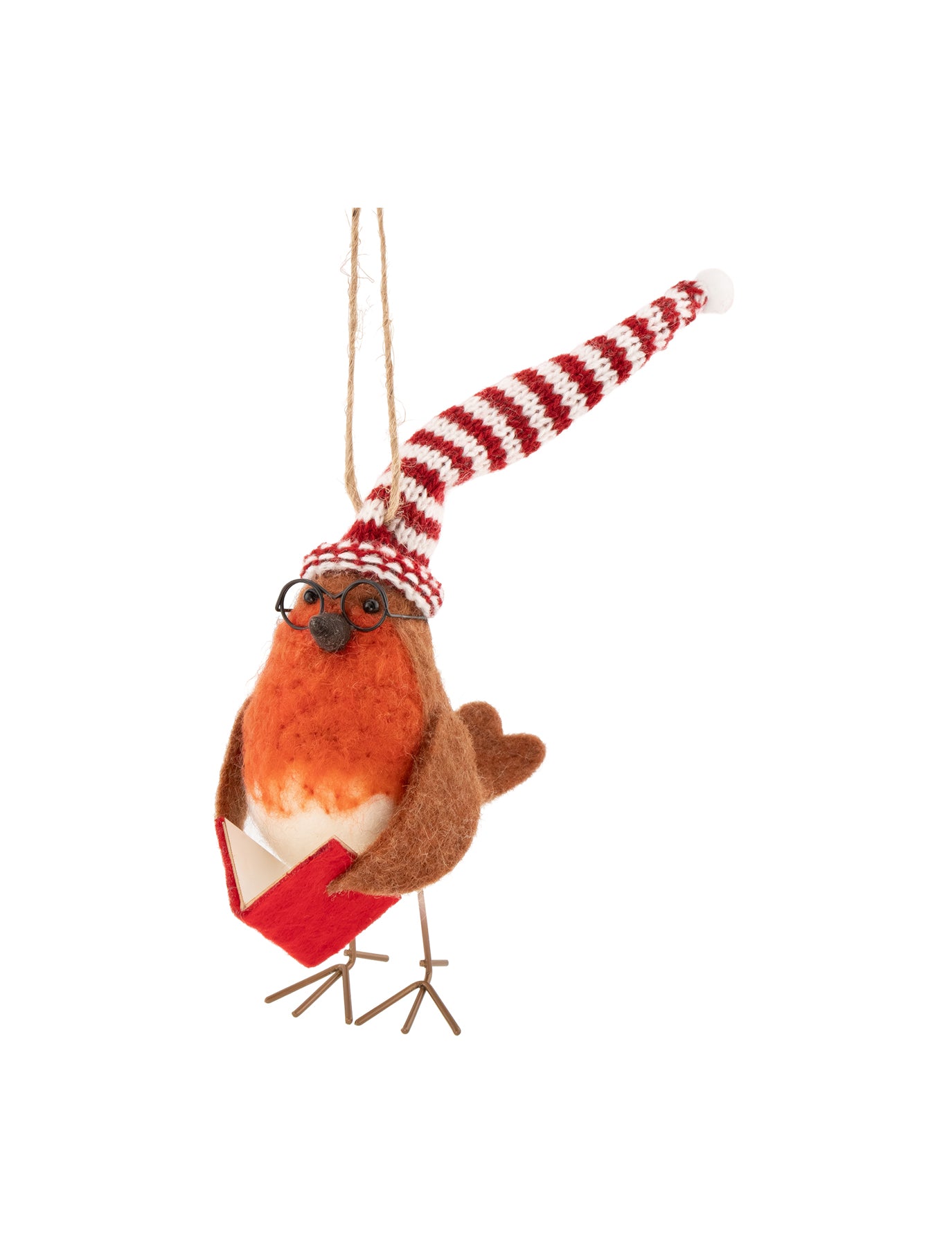 Robin Reading A Book Felt Christmas Tree Decoration - Red