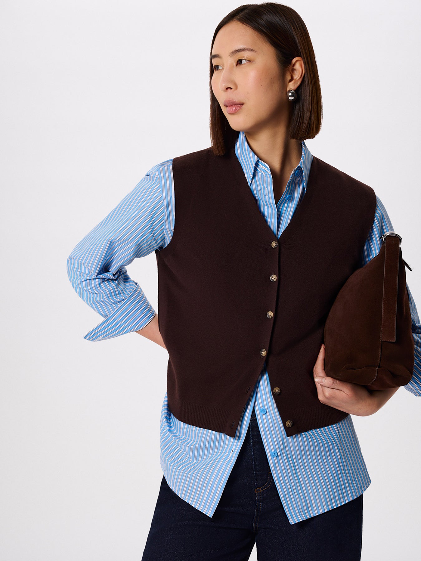 V-Neck Button Front Knit Tank Brown