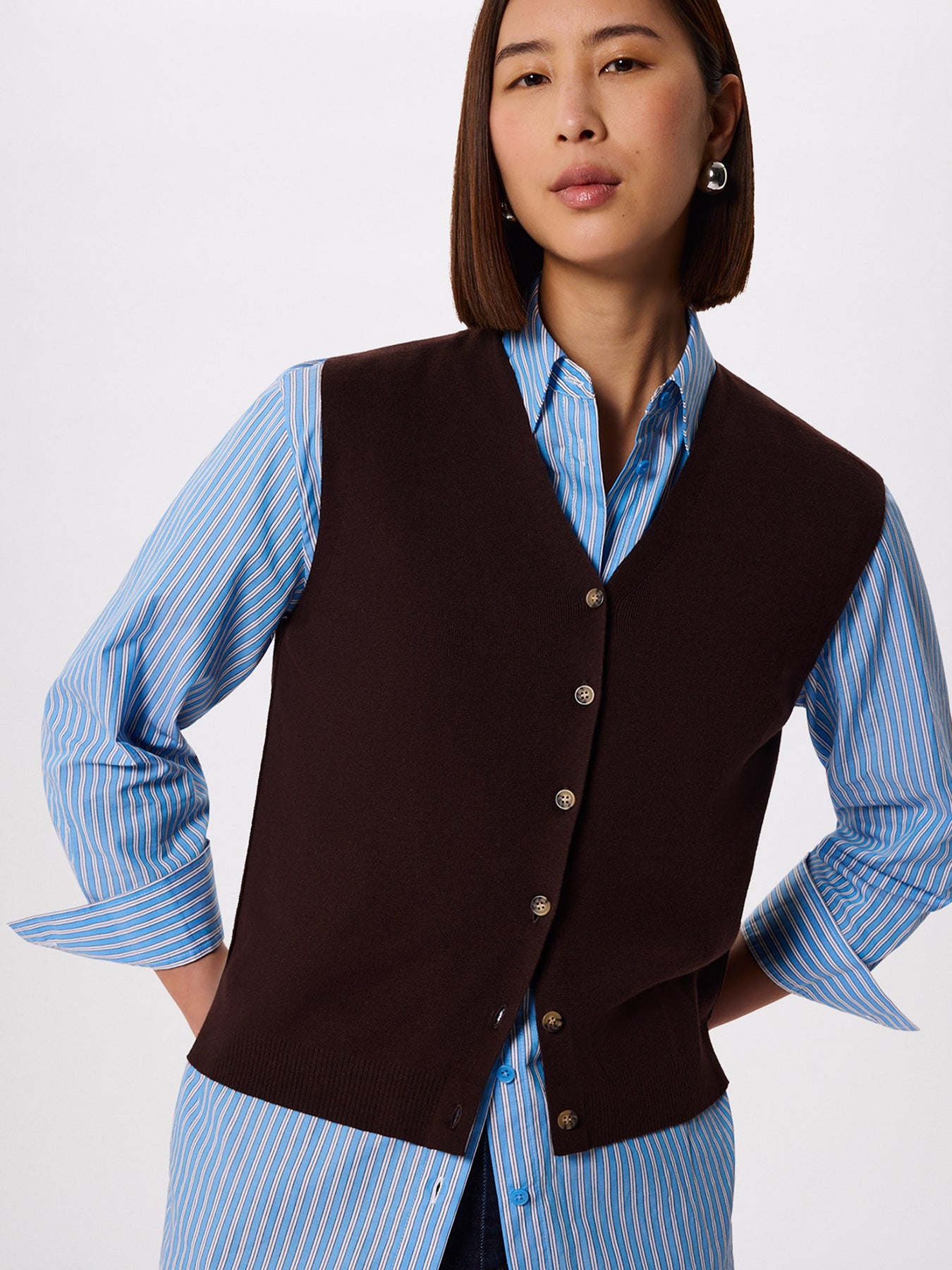 V-Neck Button Front Knit Tank Brown