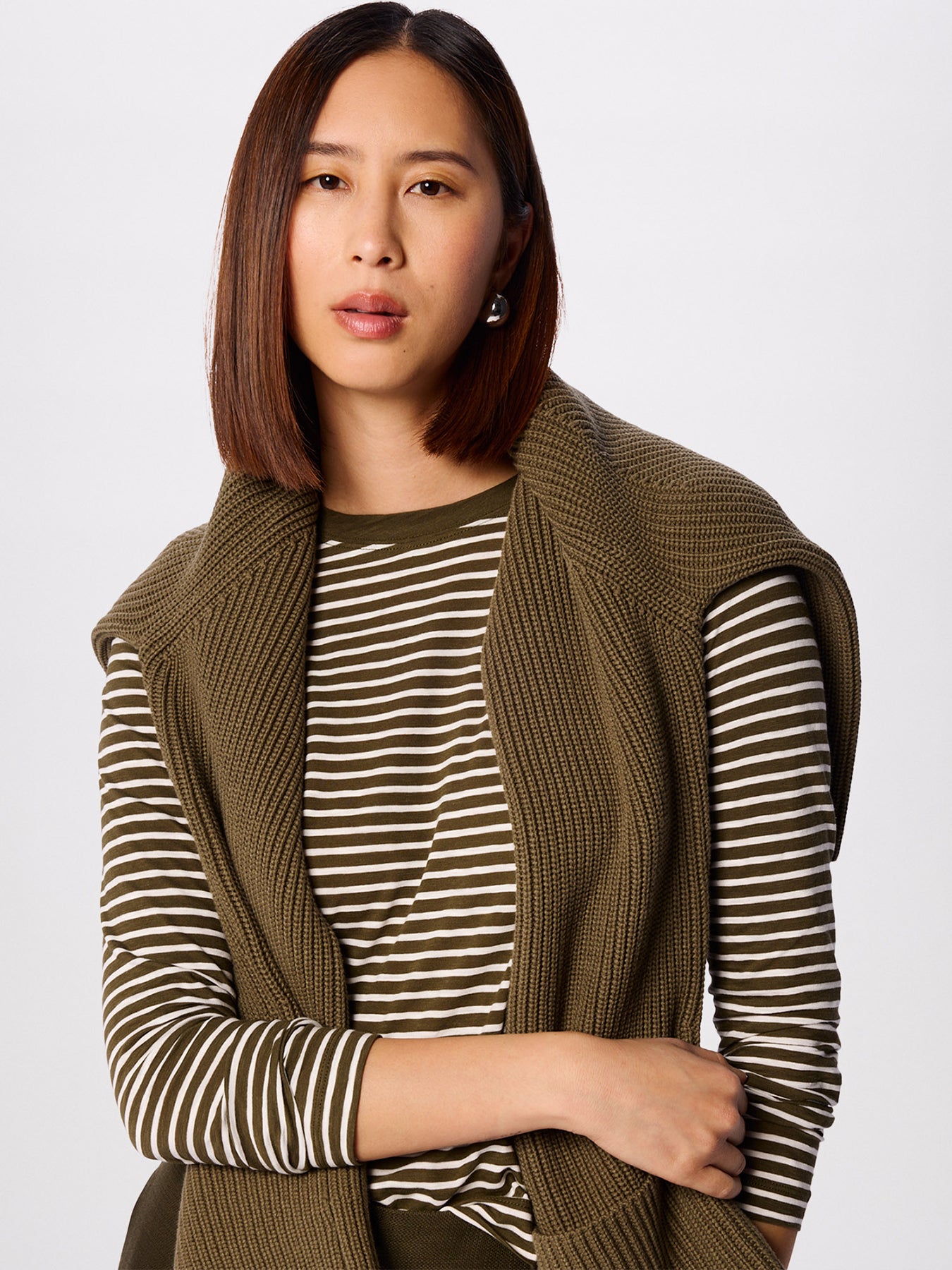Stripe Crew Neck Pocket Top Green