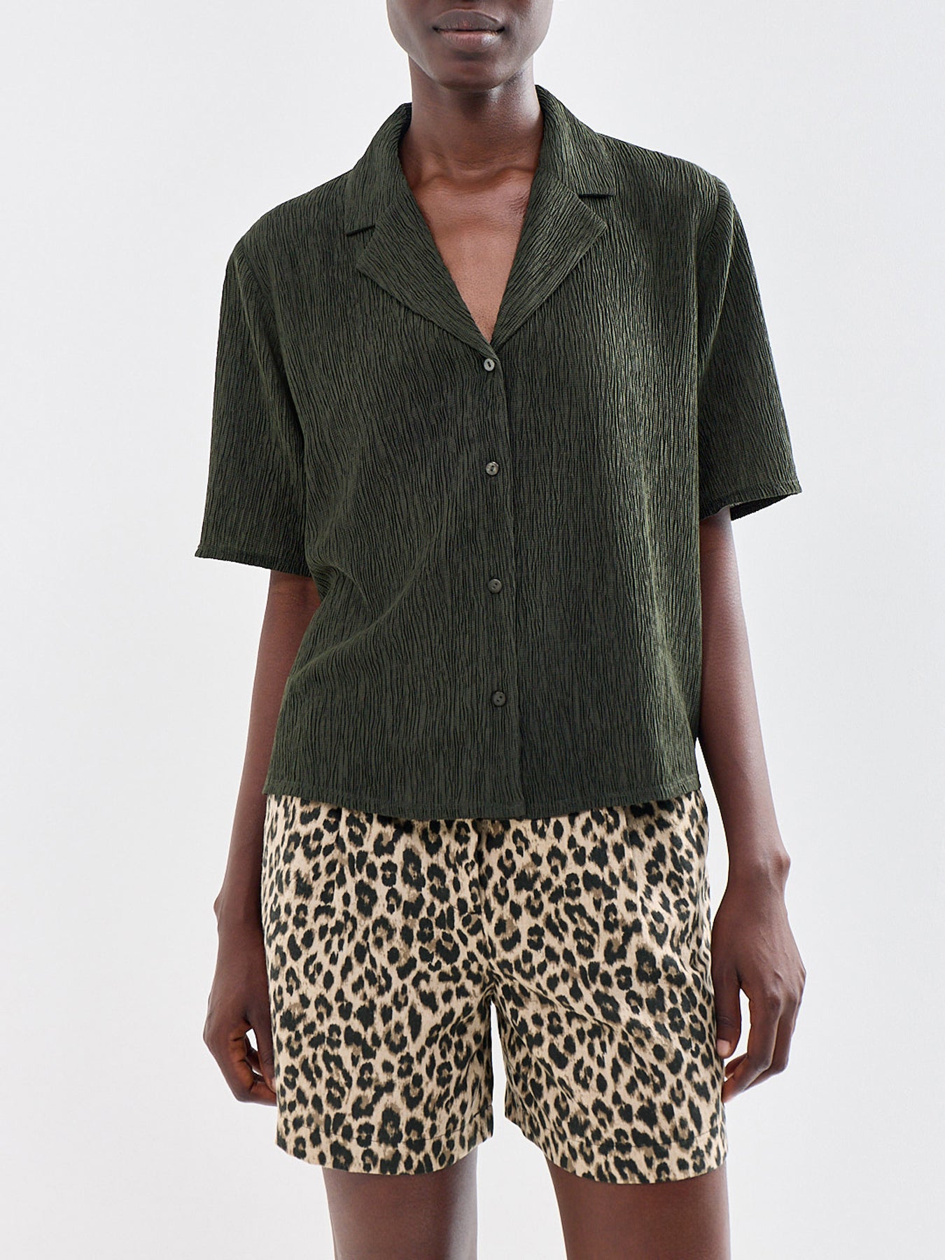 Notch Collar Elbow Sleeve Shirt Green